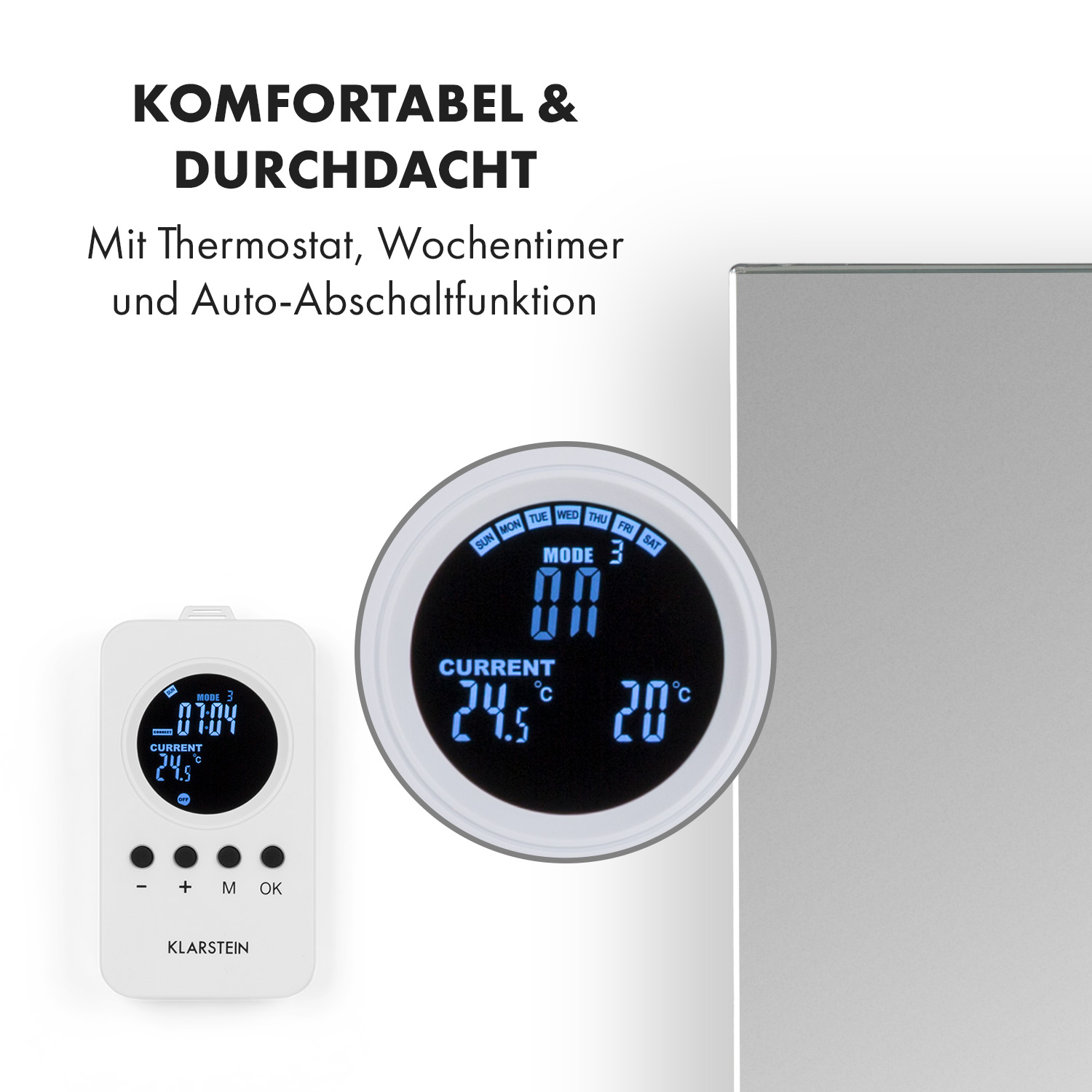 Nahaufnahme eines weißen Thermostats mit Digitalanzeige, die Zeit, Modus und Temperatur anzeigt.