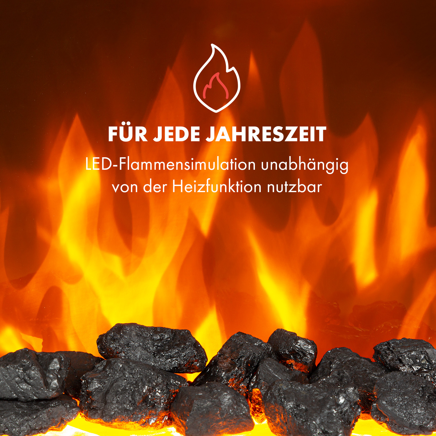 Bild eines Kamins mit Flammeneffekt und kohleartigen Elementen am Boden.