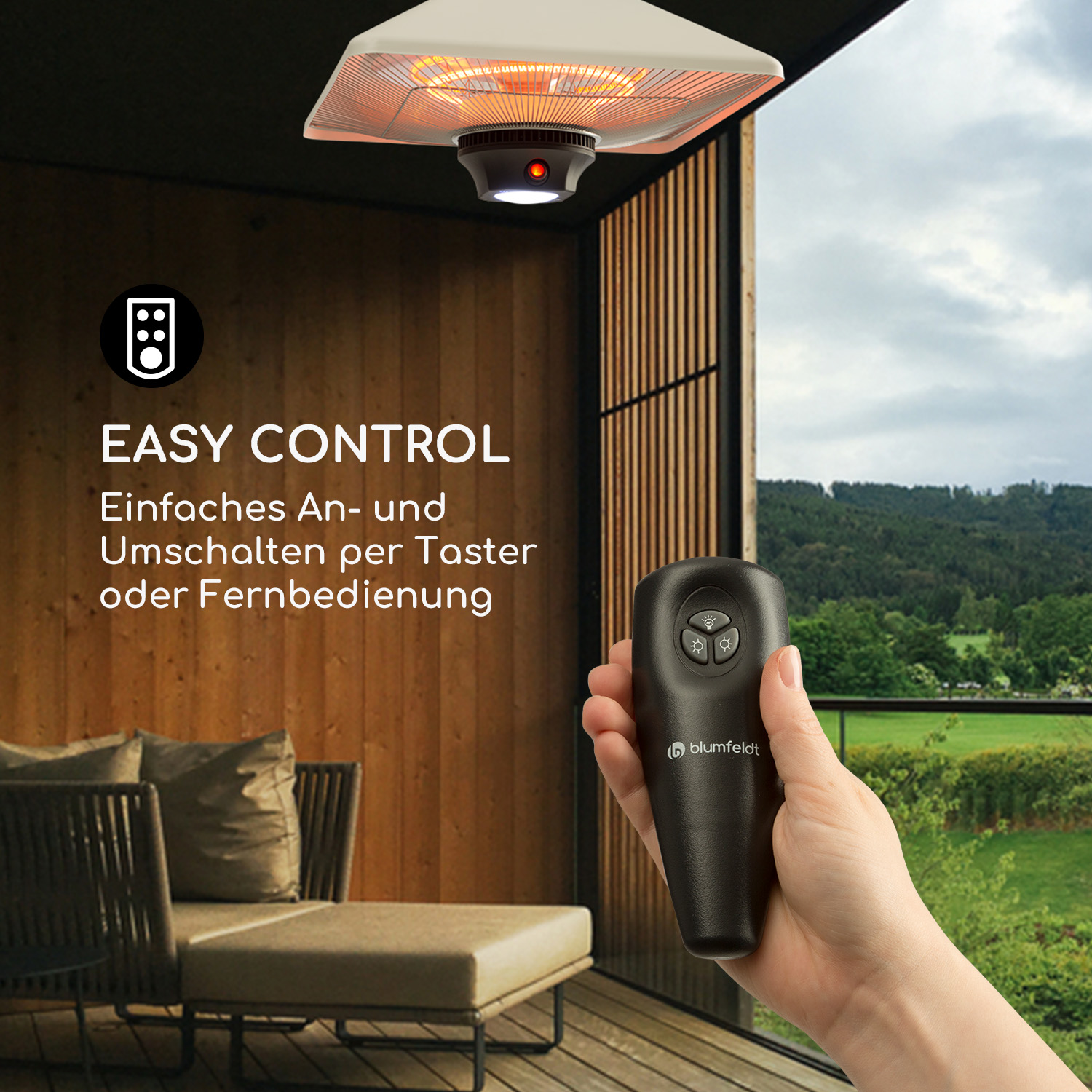 Hand hält Fernbedienung für einen Terrassenheizer. Heizung an der Decke montiert, mit Text EASY CONTROL.