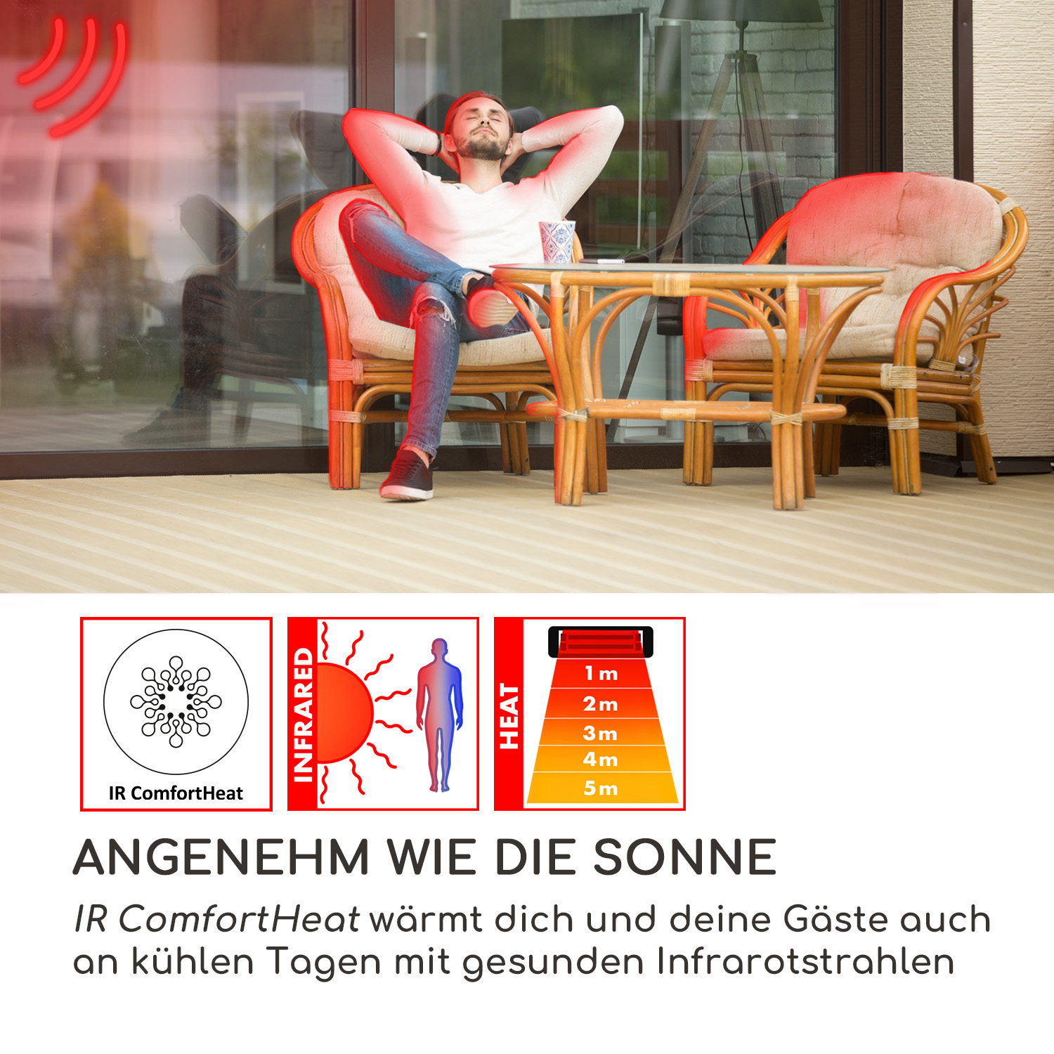 Mann entspannt sich auf der Terrasse mit Heizung. Text: Angenehm wie die Sonne. Infrarotwärme. Umgebung im Freien.