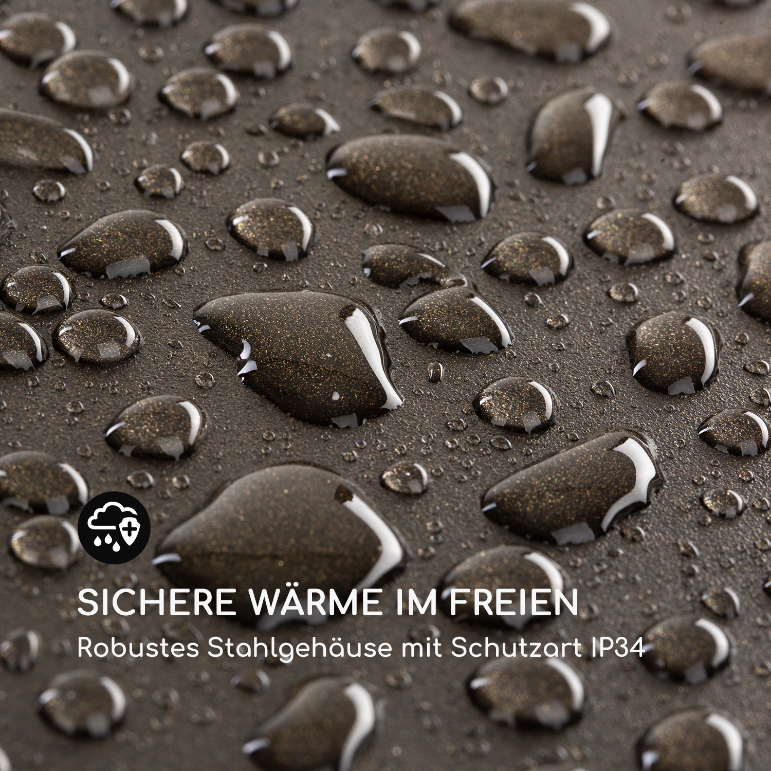 Nahaufnahme von Wassertropfen auf dunkler Oberfläche mit Logo und Text unten.