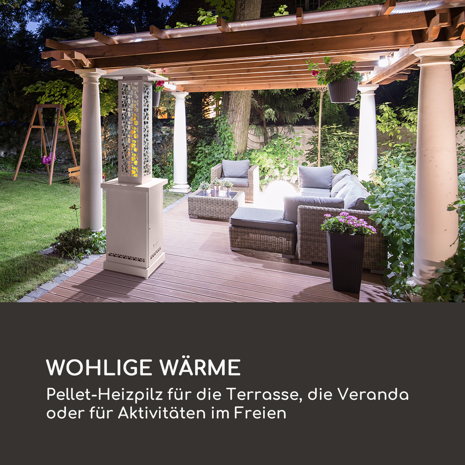 Außenbereich mit Heizung, Sitzgelegenheiten und Pergola. Nachtszene.