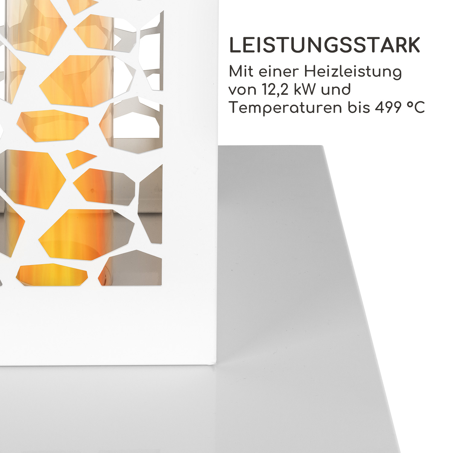 Ein weißes Heizelement mit flammenartigem Design, das Heizleistung und Temperatur anzeigt.