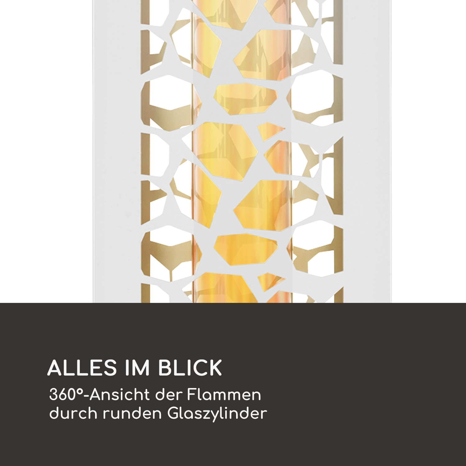 Nahaufnahme einer dekorativen Lampe mit gold-weißem geometrischem Design, mit Text darunter.
