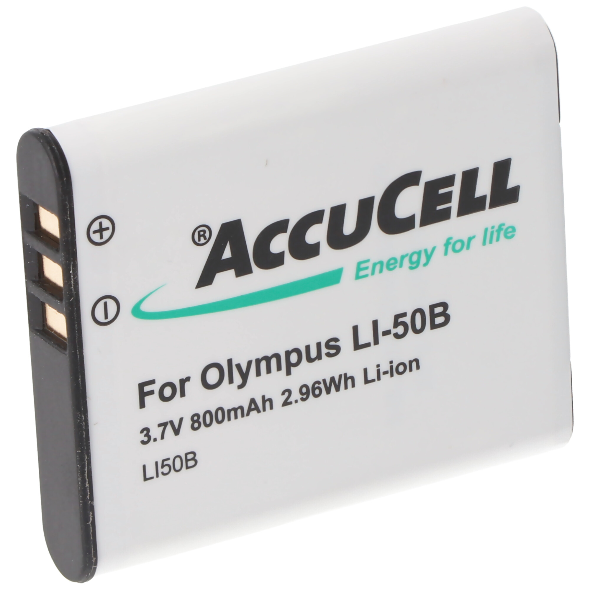 AccuCell-Akku für Olympus LI-50B. Weiß und schwarz. Grüner und schwarzer Text.