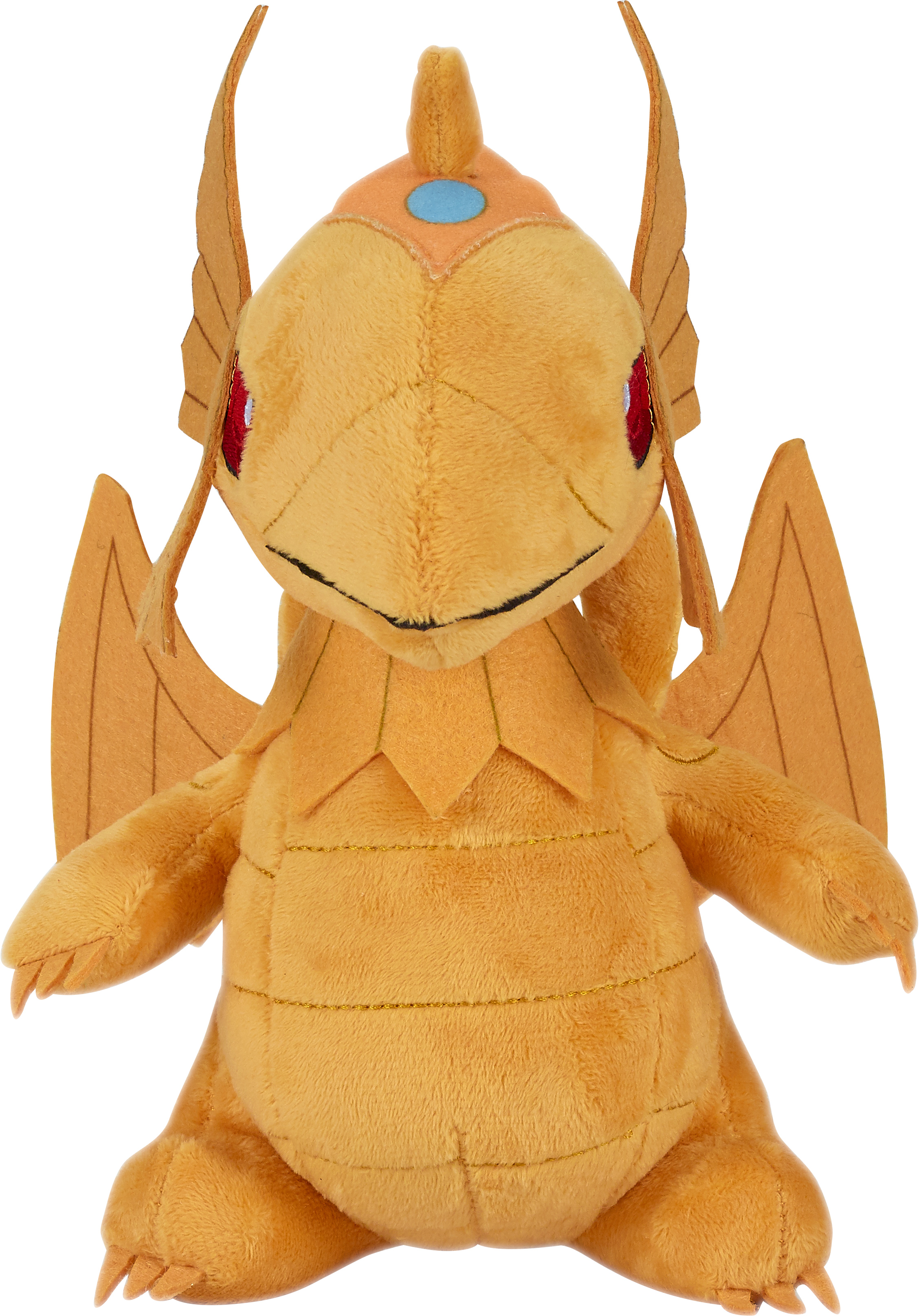 Ein gelbes Plüschtier eines drachenartigen Wesens mit Flügeln und einem blauen Juwel.