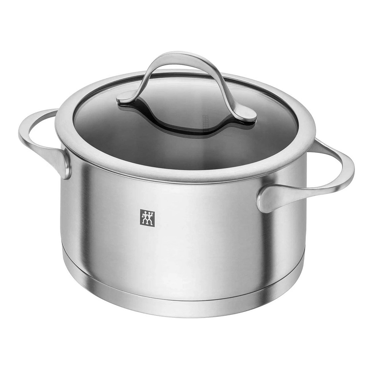 Garnek ze stali nierdzewnej ze szklaną pokrywką i uchwytem, z logo z boku.