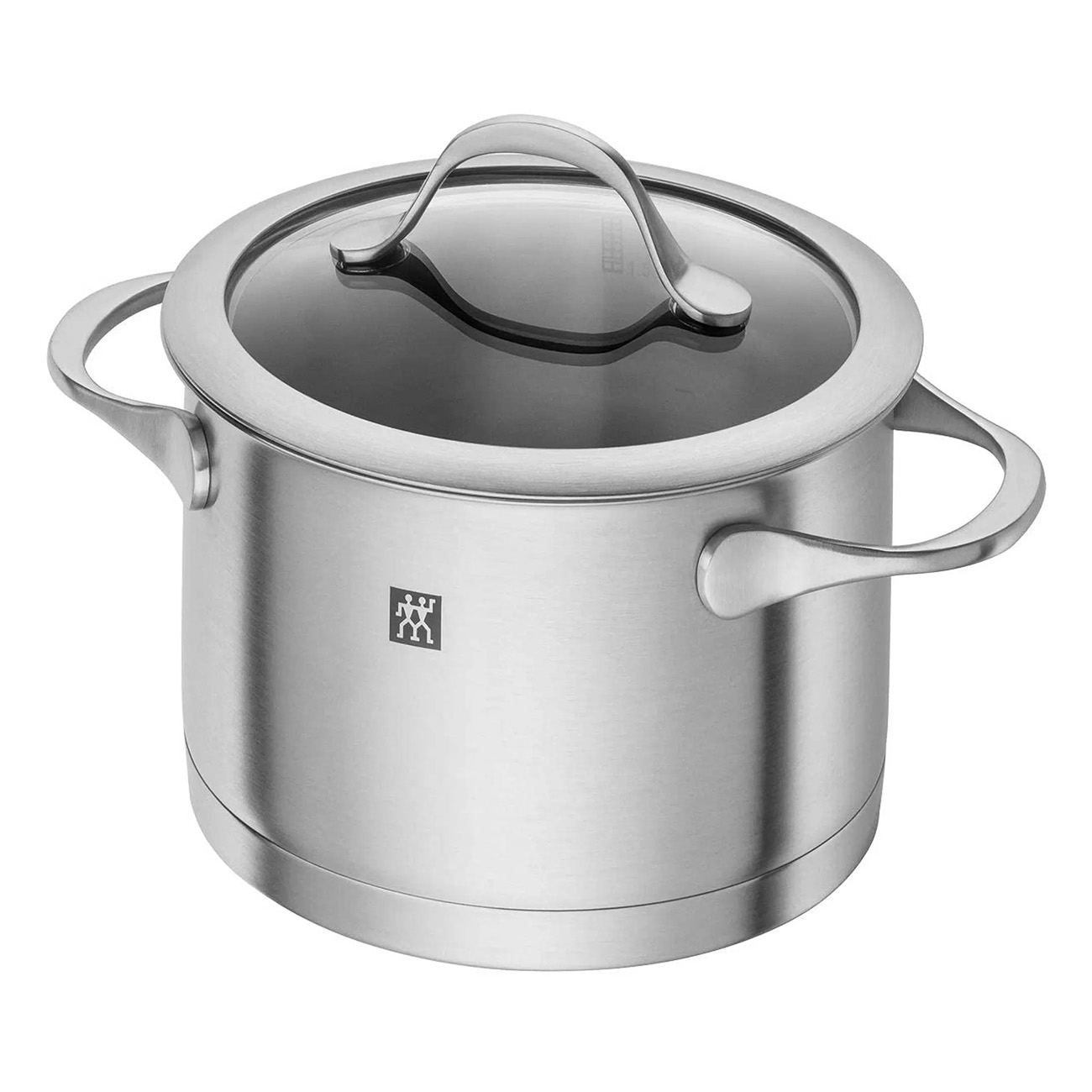 Garnek ze stali nierdzewnej ze szklaną pokrywą i dwoma uchwytami bocznymi na białym tle.