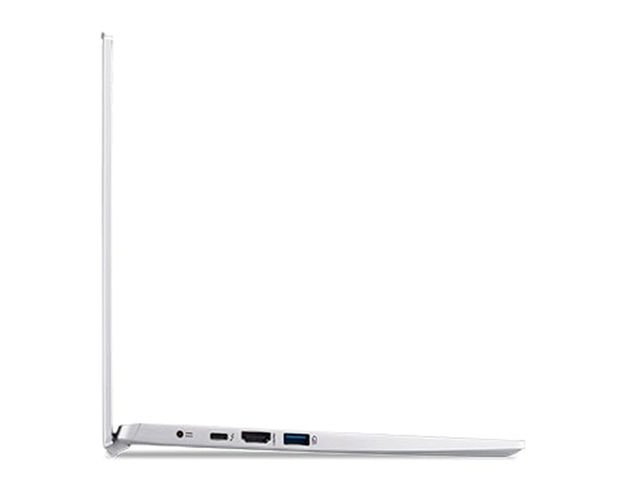 Weißer Laptop von der Seite, Anschlüsse sichtbar. Minimalistisches Design, leerer Bildschirm.