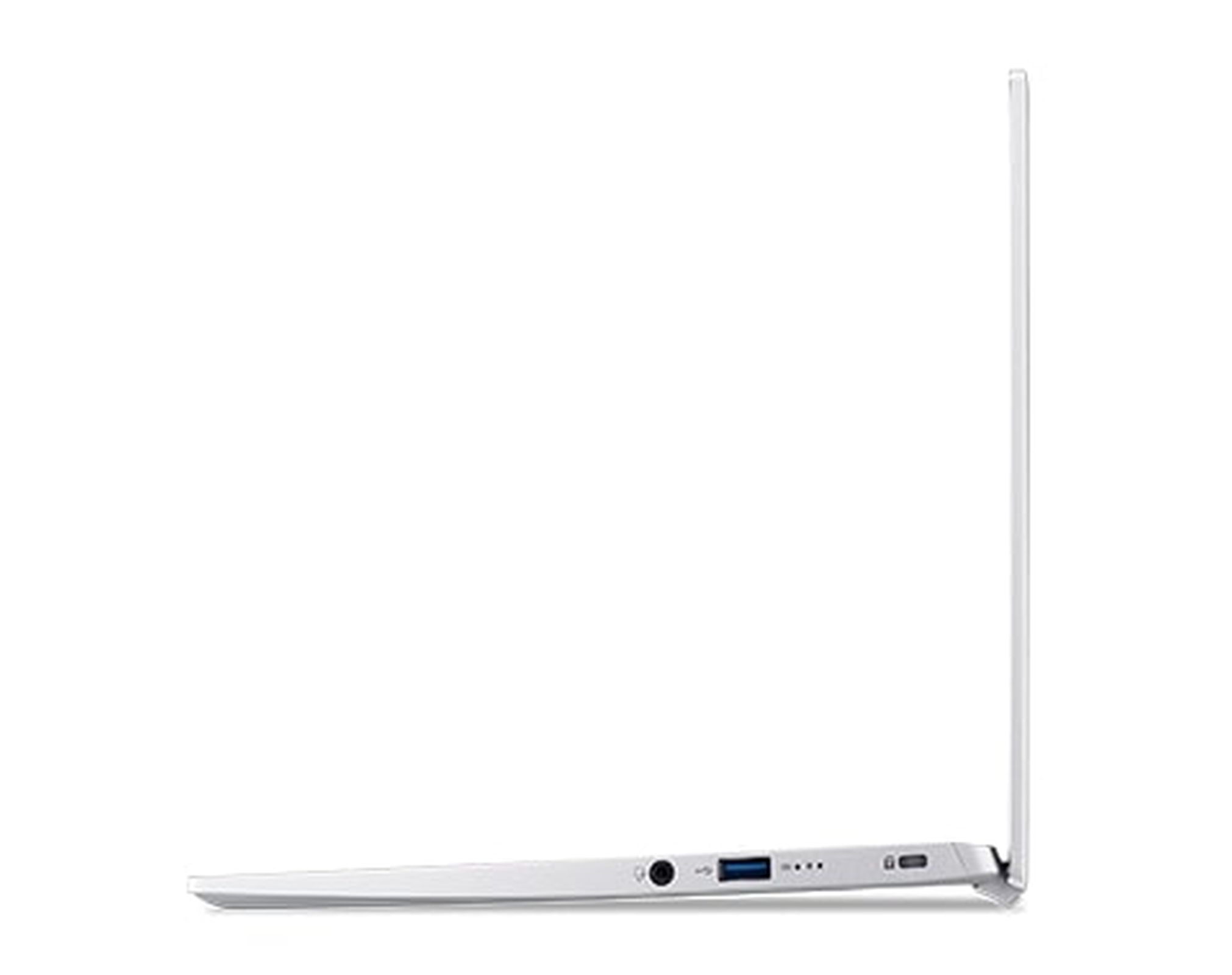 Ein weißer Laptop von der Seite gesehen. Der Bildschirm ist geschlossen, und der Computer ist dünn.