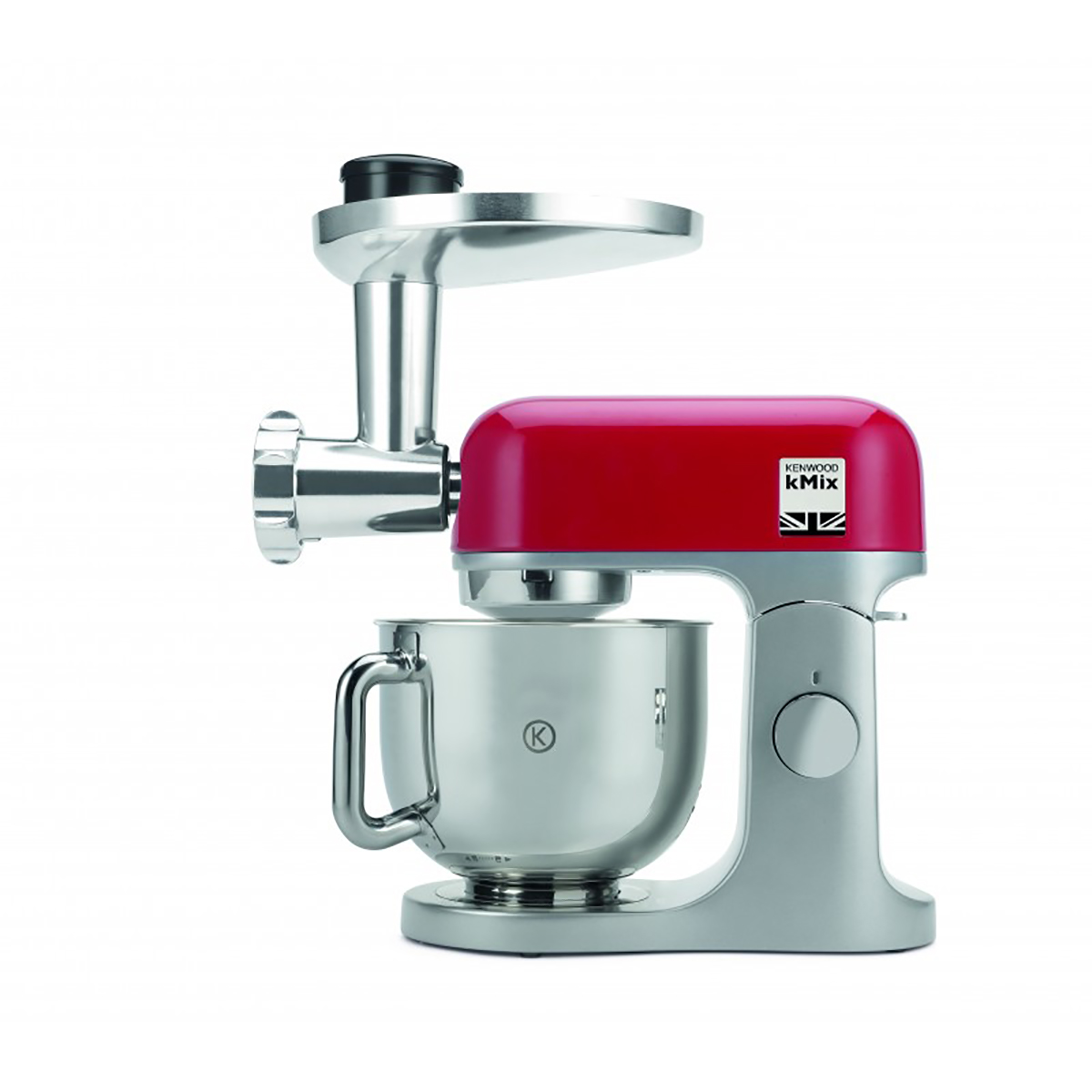 Gümüş et öğütücü eklentili kırmızı bir Kenwood mutfak robotu.