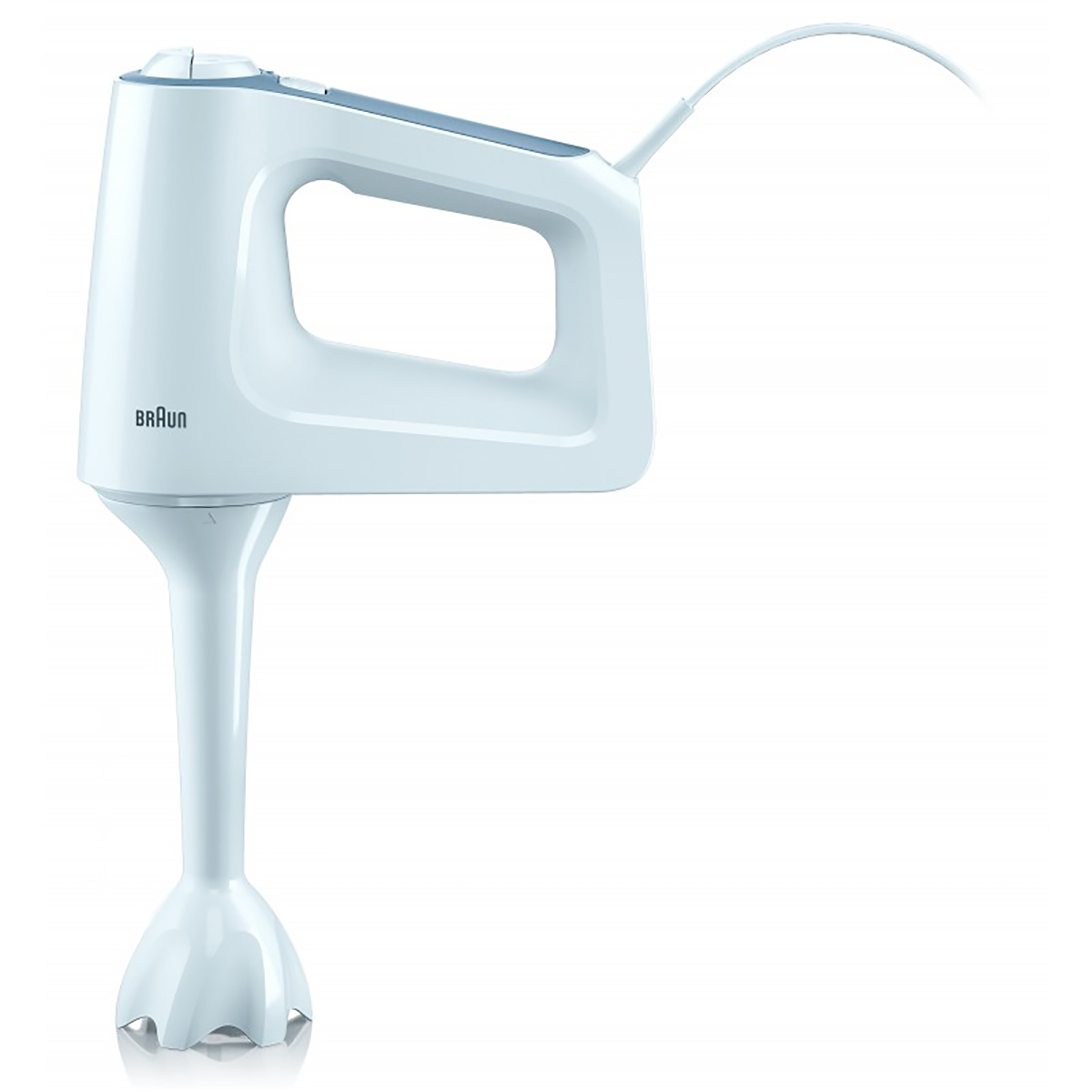 Biały blender ręczny Braun na białym tle.