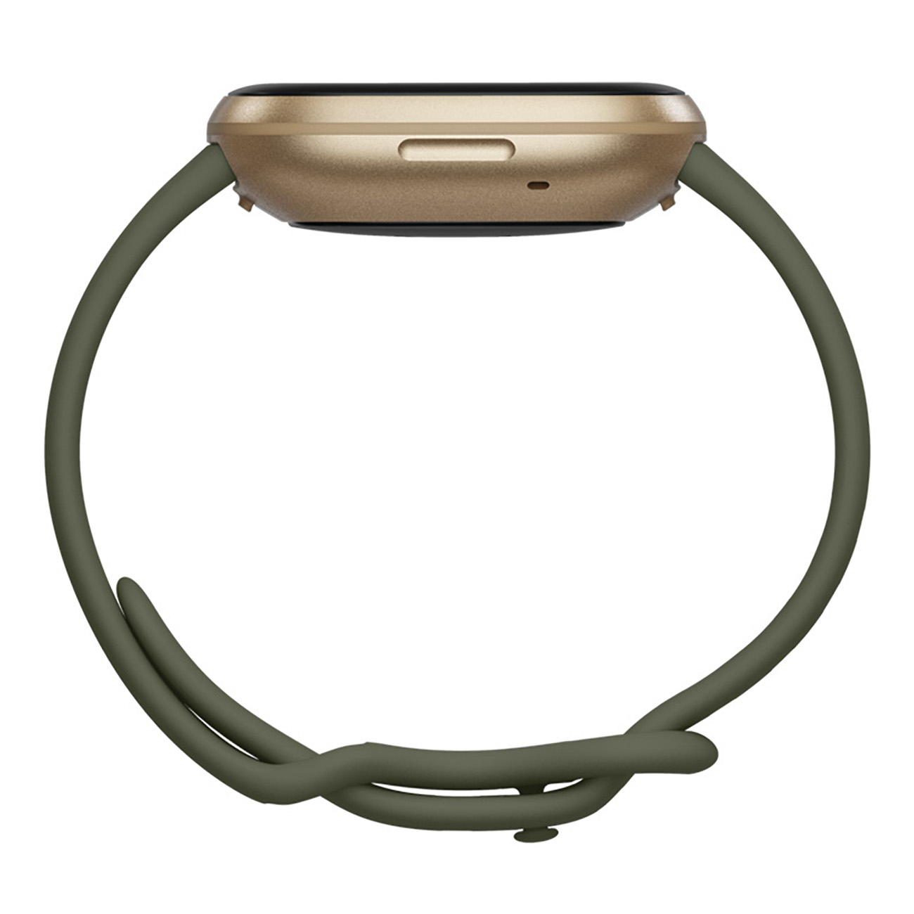 Eine goldfarbene Smartwatch mit grünem Armband, von der Seite betrachtet.