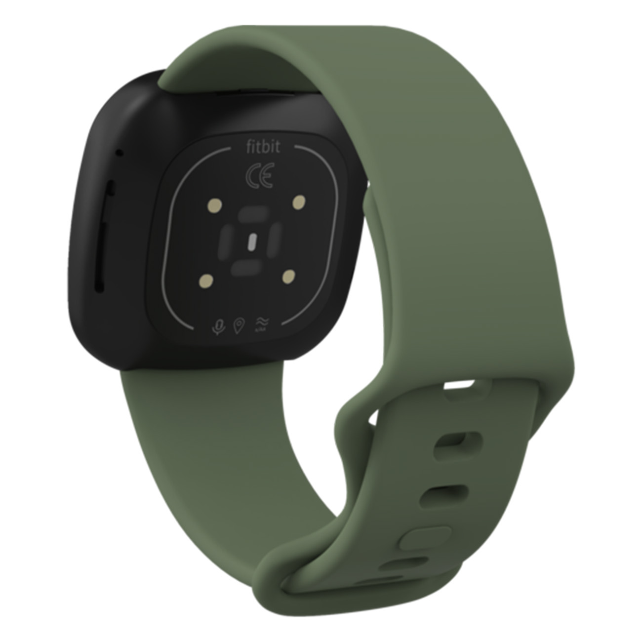 Grüne Fitbit Smartwatch, schwarzer Bildschirm und grünes Armband, von hinten gezeigt.