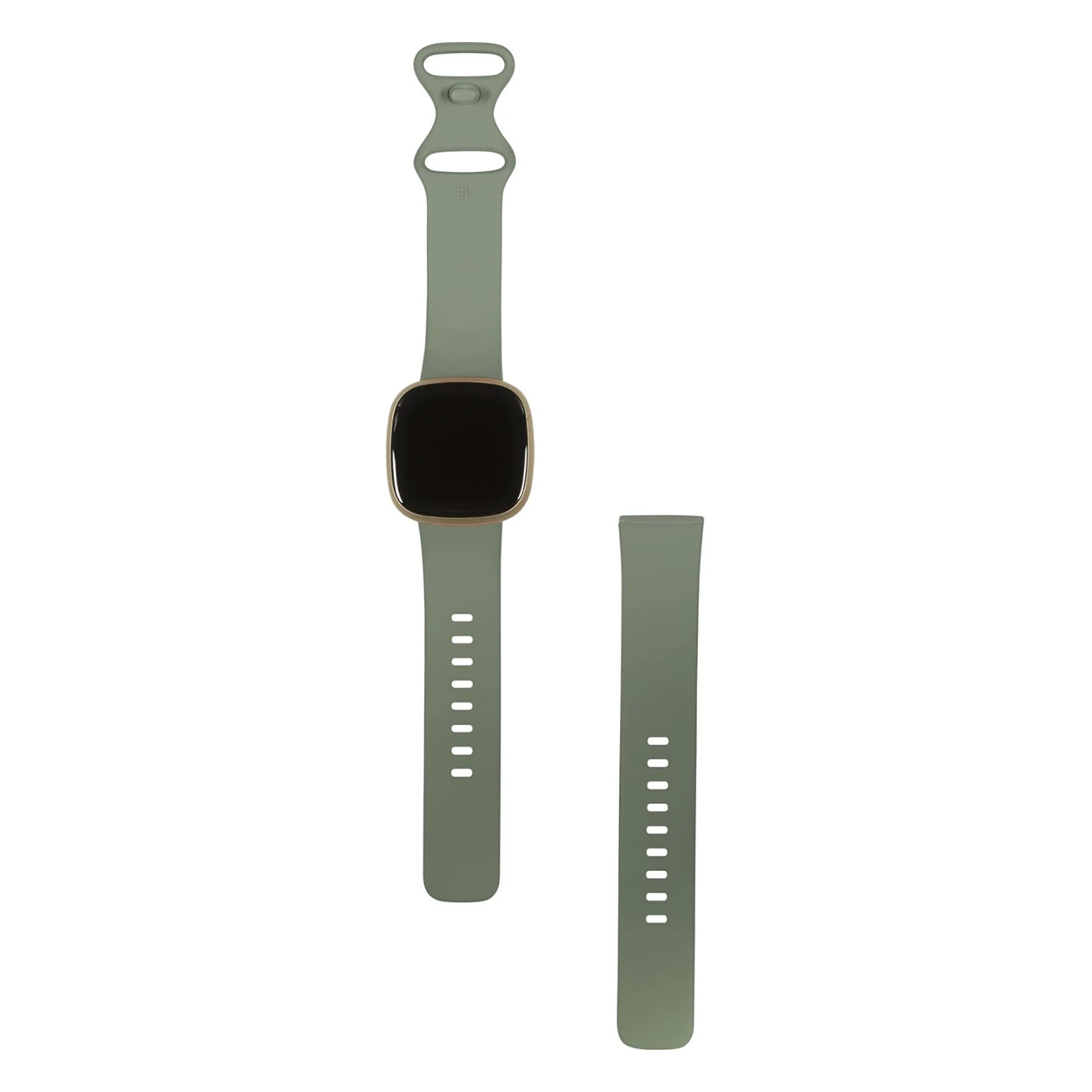 Olivgrüne Smartwatch mit goldenem Rahmen und separatem Armband.