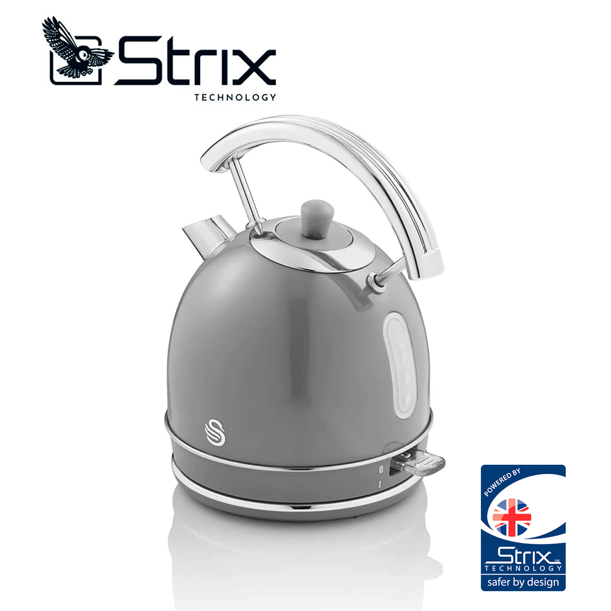 Graue Wasserkocher mit silbernem Griff. Strix Technology Logo, UK-Flagge.