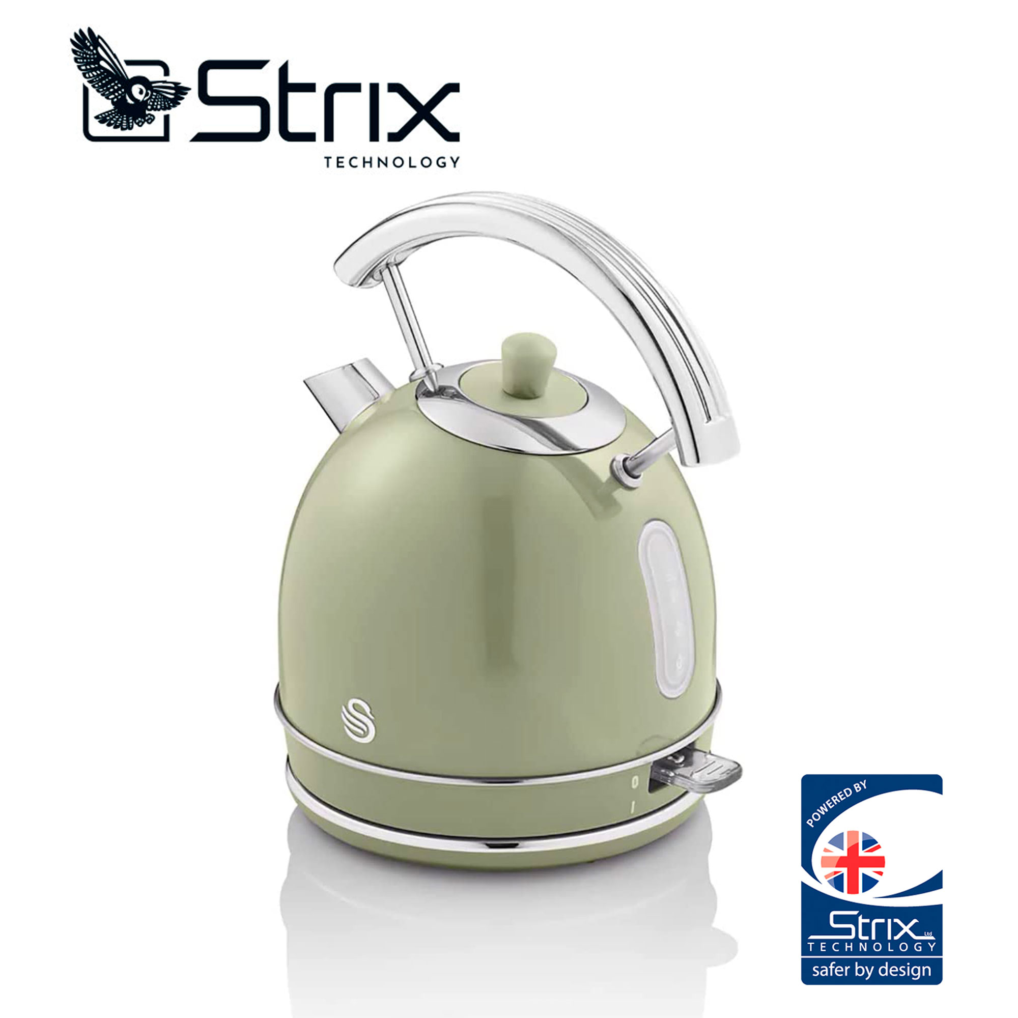 Hervidor verde salvia con asa cromada y logo Strix.