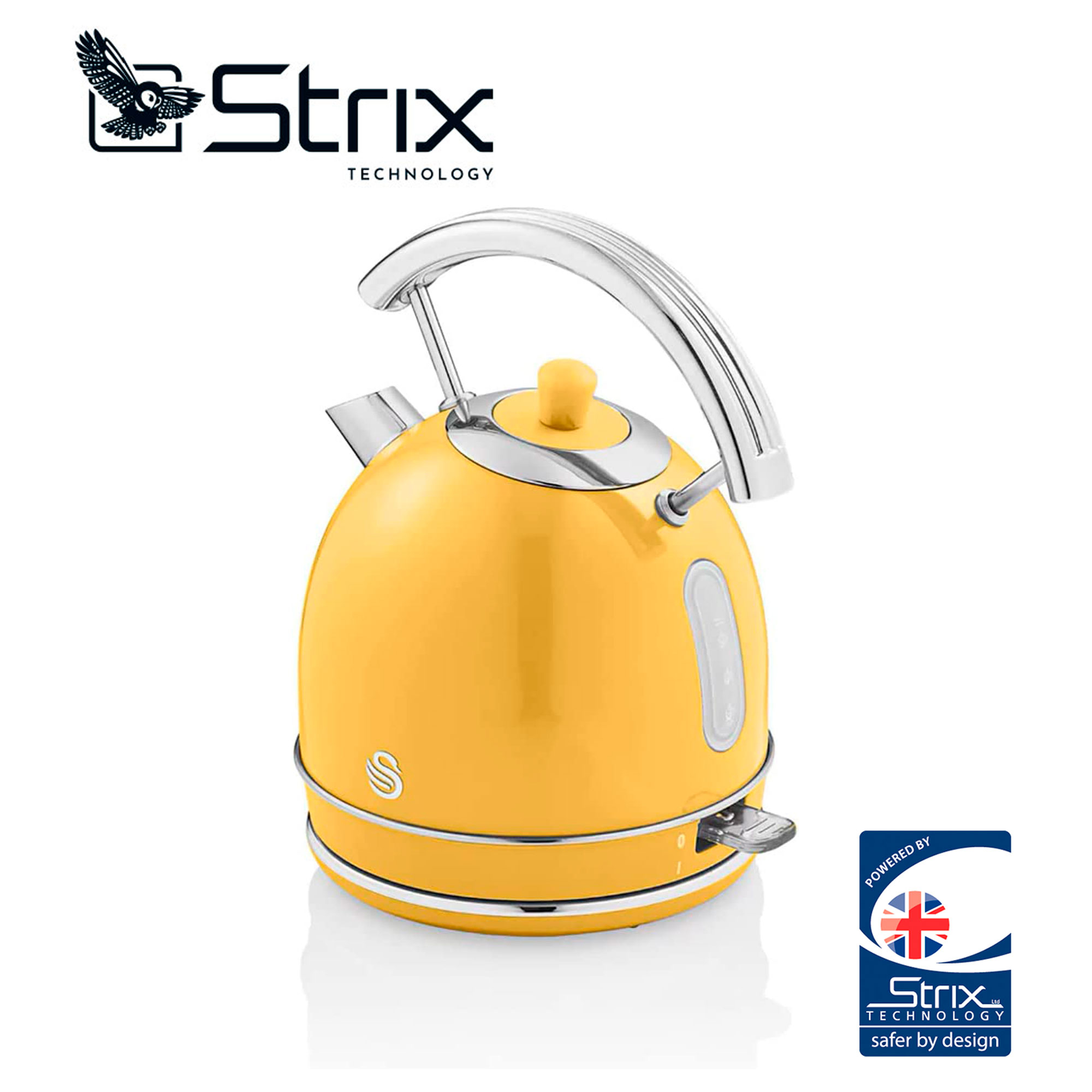 Ein gelber Wasserkocher mit silbernen Akzenten, Griff und Sockel. Das Strix-Logo ist sichtbar.