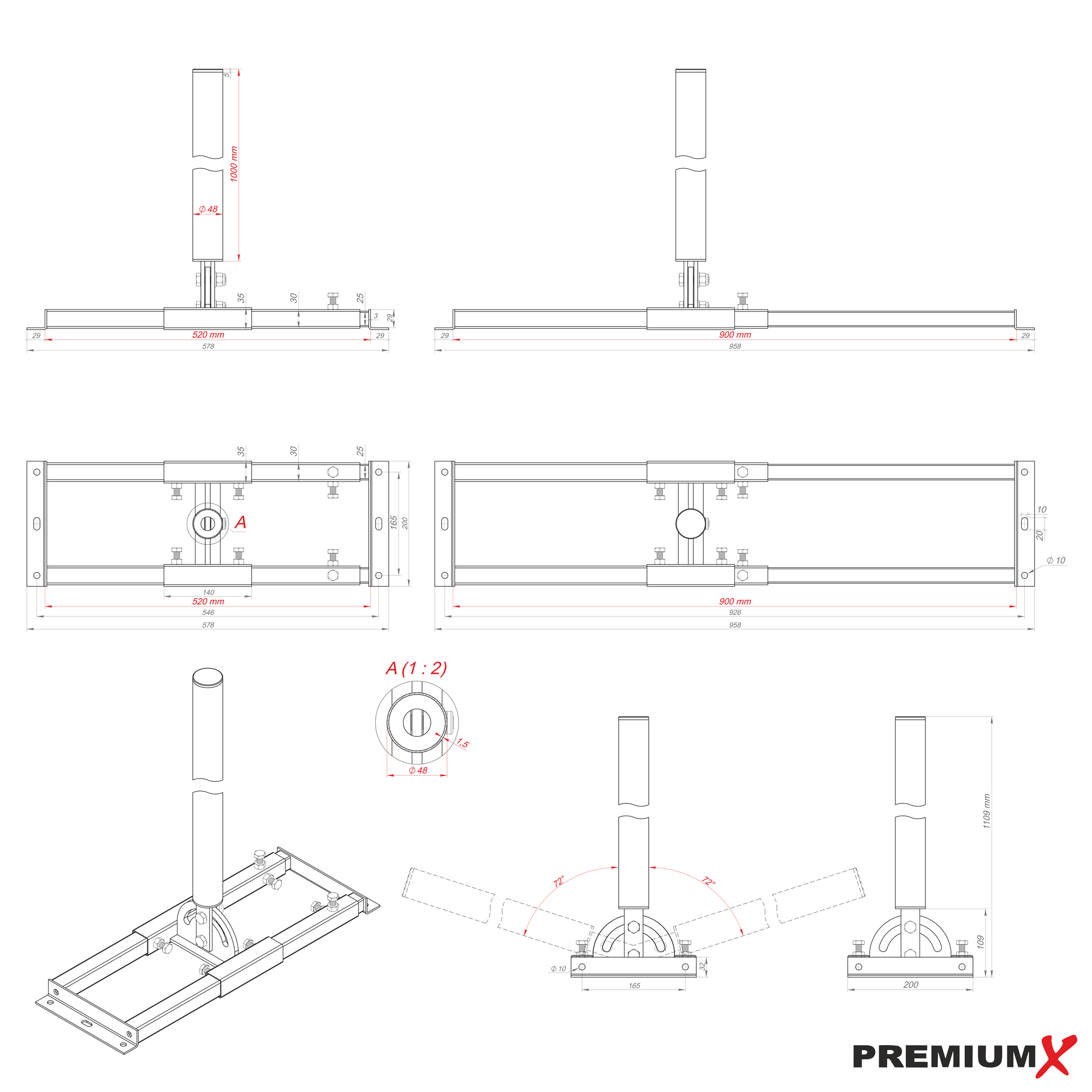 PREMIUMX PROFI X100-48 Dachsparrenhalter Manschette Silber ALU-Ziegel rot Dachsparrenhalterung, Stahl