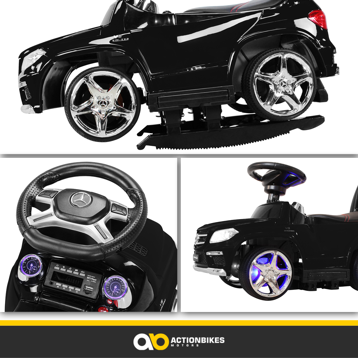 MOTORS - ACTIONBIKES mit Trittbretter - - MP3 63 LED Schiebstange Rutschauto - - Schaukelfunktion - AMG Mercedes Bluetooth GL