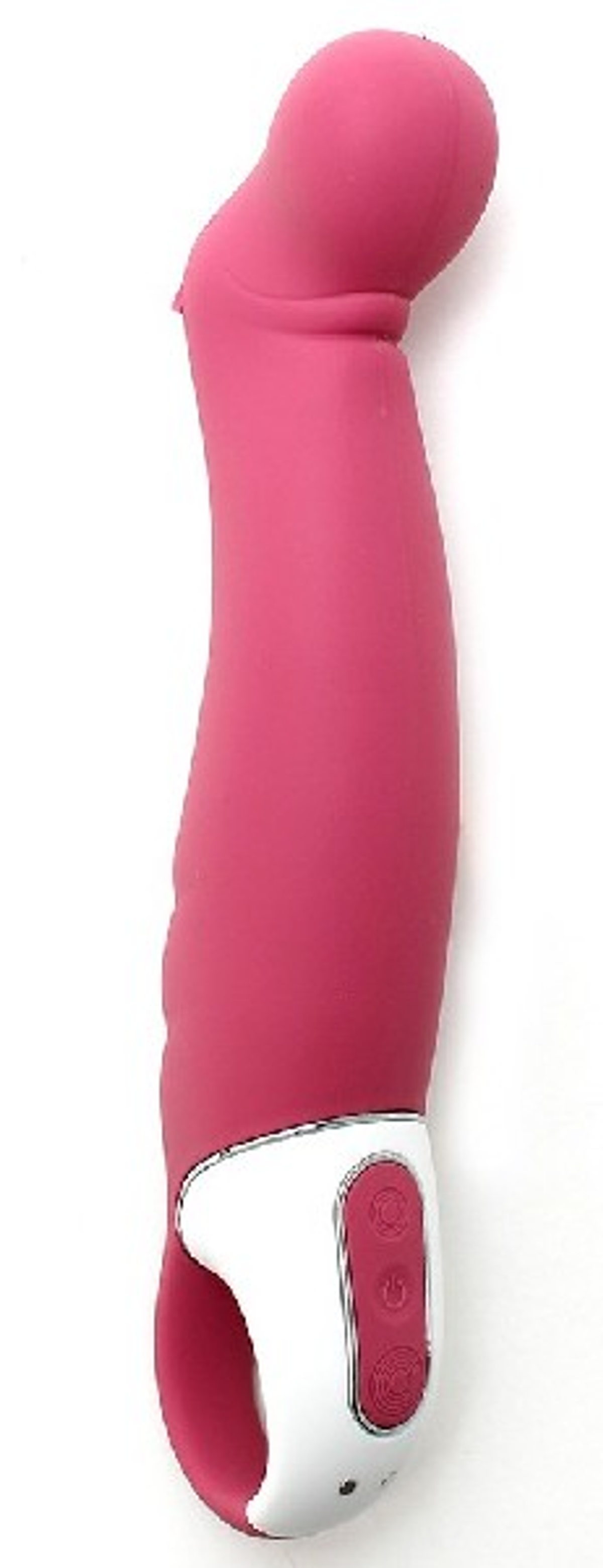 Różowy wibrator z białą podstawą i przyciskami. Odizolowany na białym tle. Zaokrąglona głowica, zakrzywiony korpus.