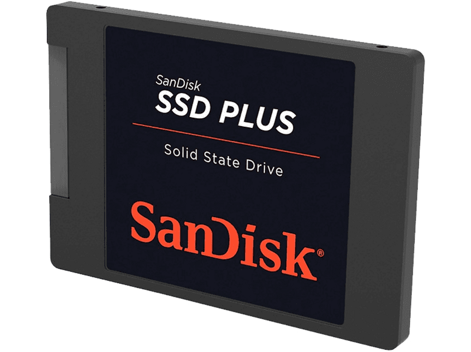 Dysk SSD SanDisk SSD PLUS. Czarna obudowa z czerwonym i białym tekstem.