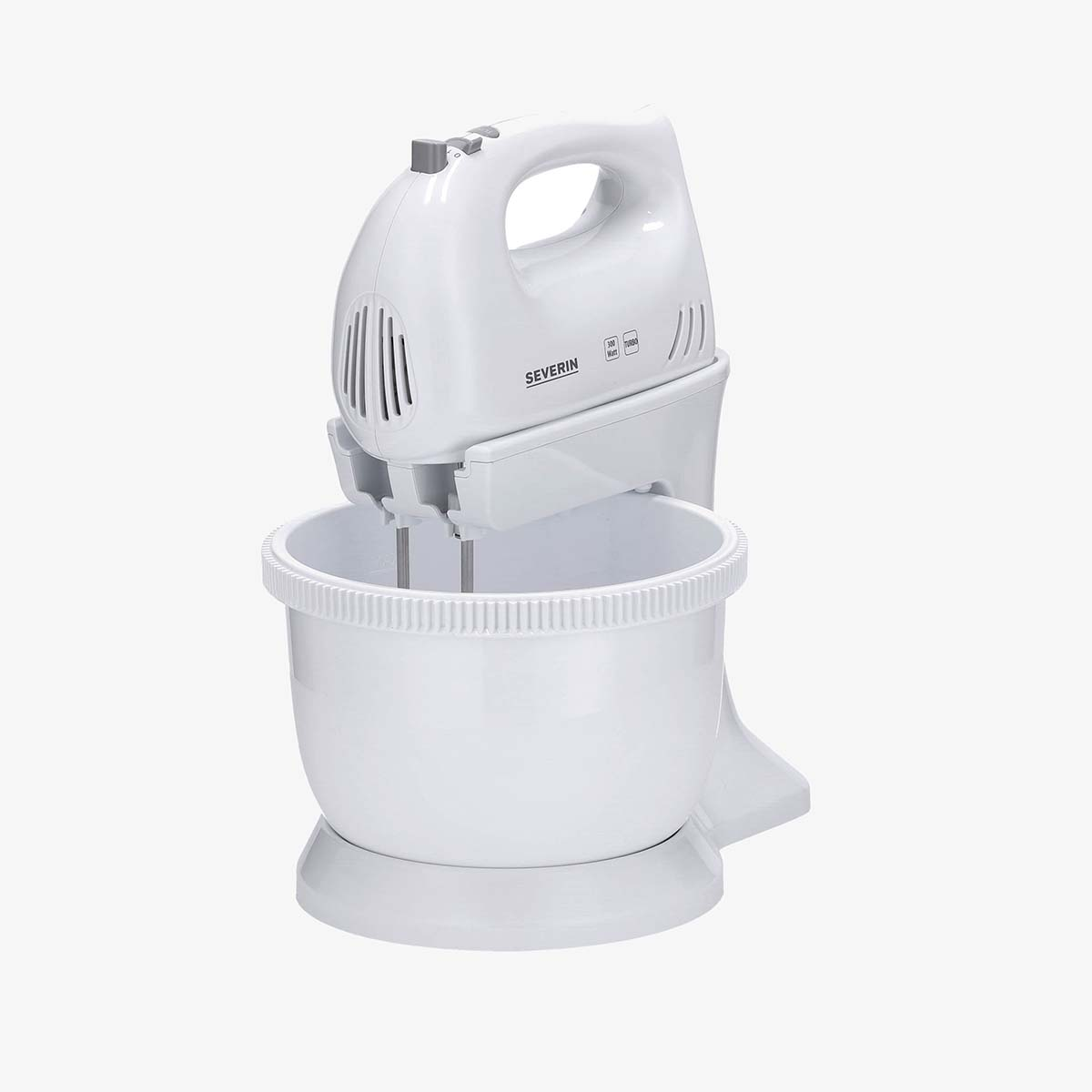 Frullatore a mano bianco con una ciotola bianca, su sfondo bianco. Marca: SEVERIN.