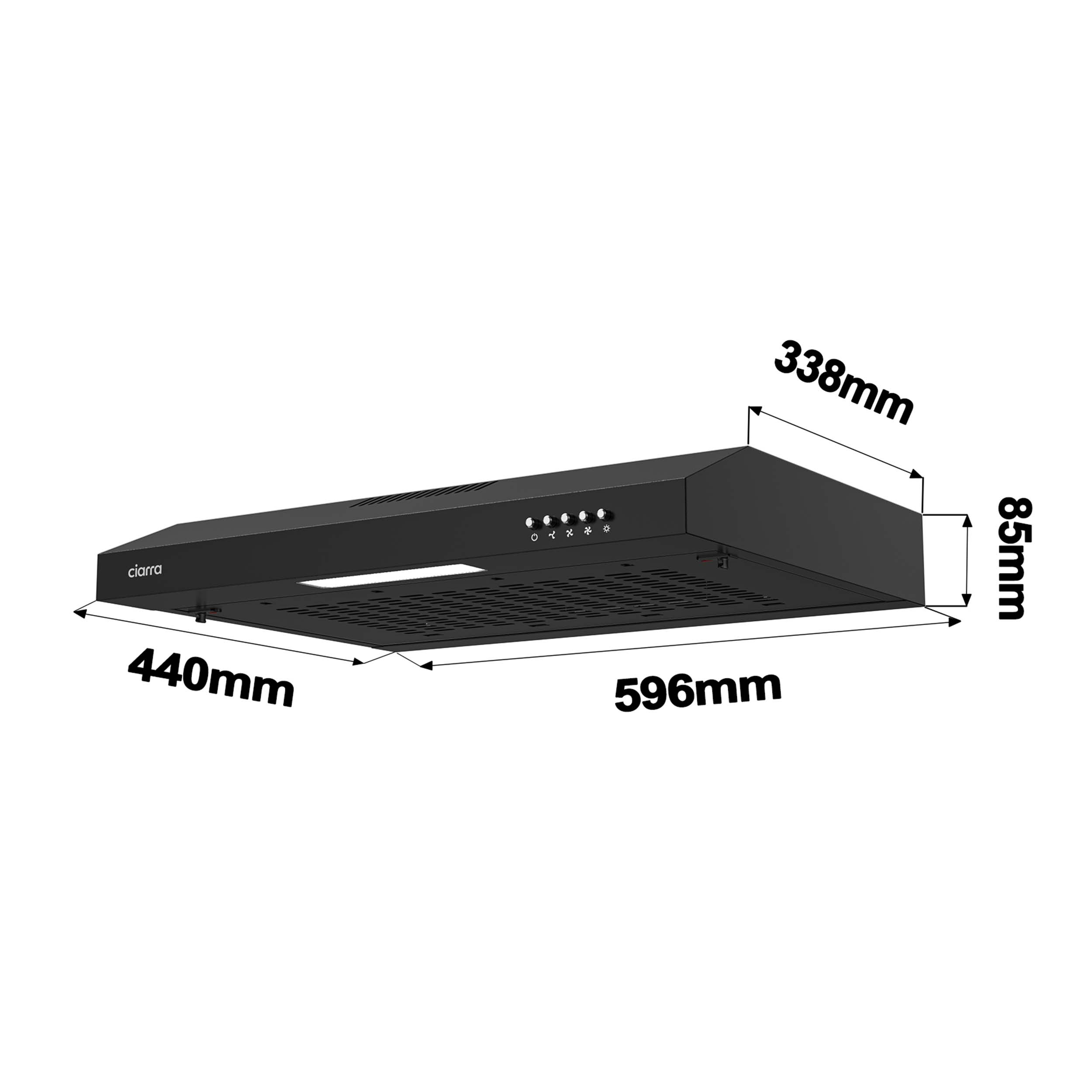 Hotte noire avec dimensions indiquées. Dimensions : 596 mm, 440 mm, 338 mm et 85 mm.