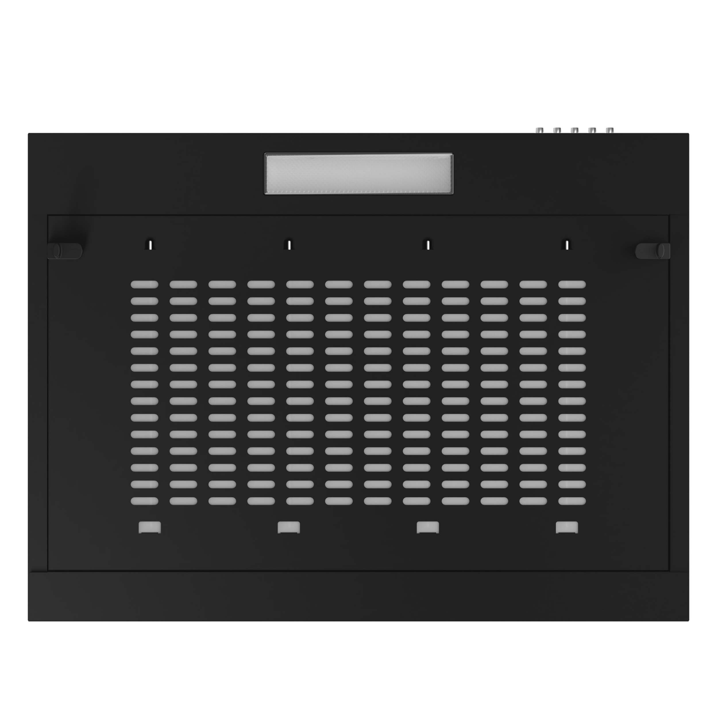 Un appareil noir avec une façade ventilée et une petite lumière, vu d'en bas.