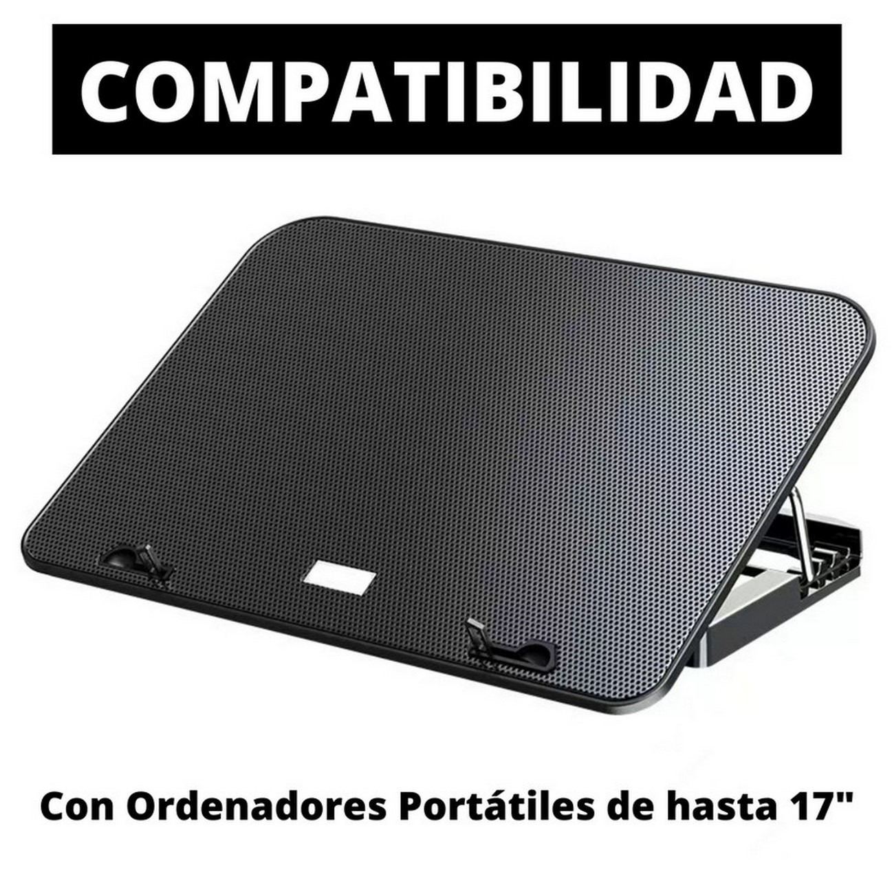 Un soporte negro para portátil con superficie de malla, inclinado hacia arriba, con texto en la parte superior.
