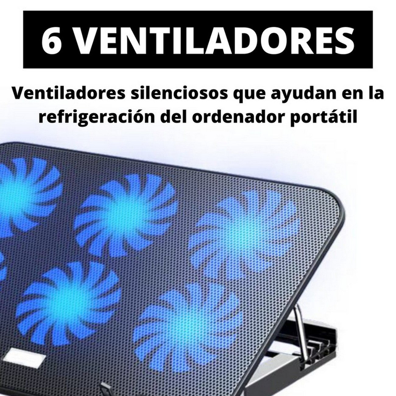 Una base de enfriamiento para laptop negra con seis ventiladores azules iluminados.