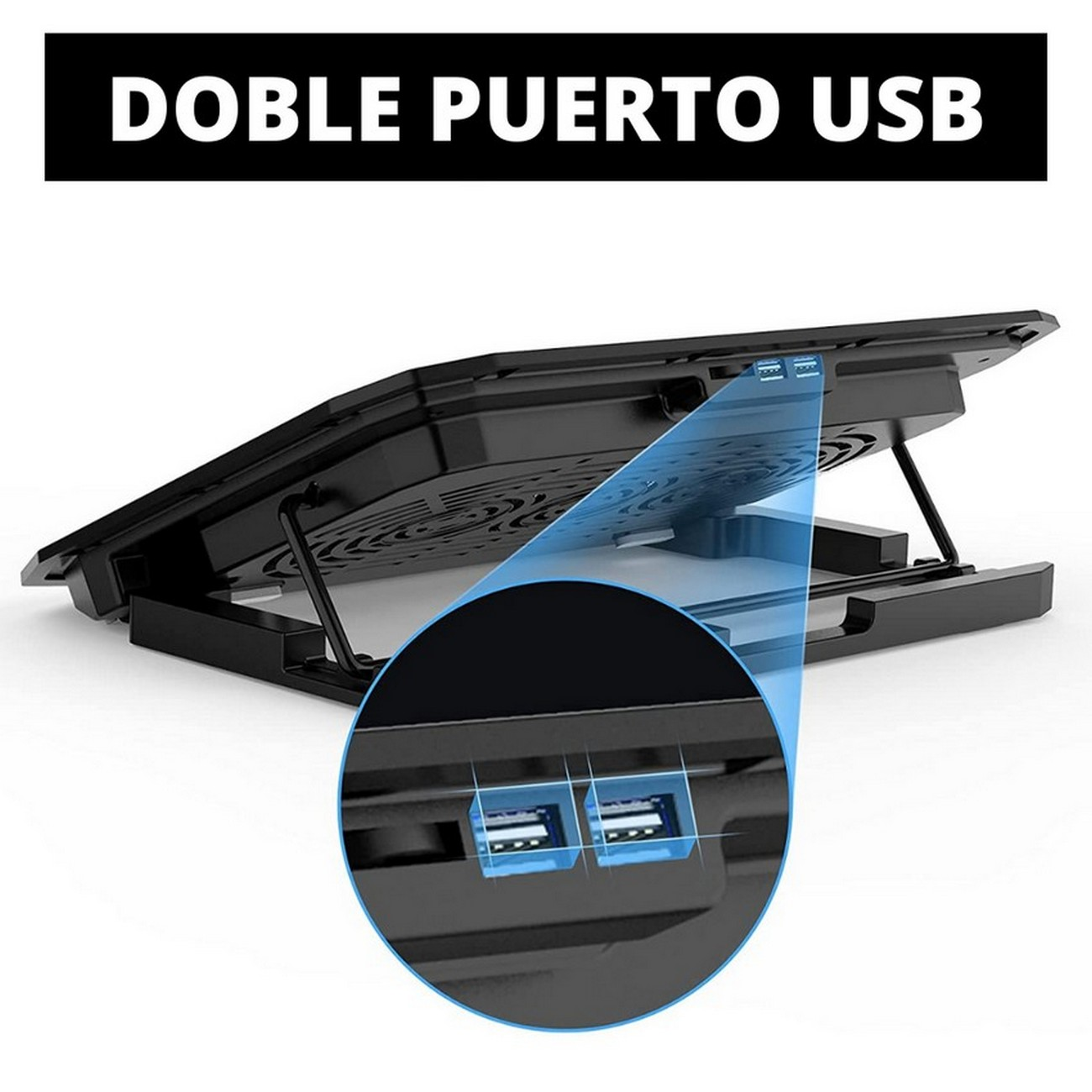 Un enfriador de portátil negro con puertos USB azules resaltados en un zoom circular.