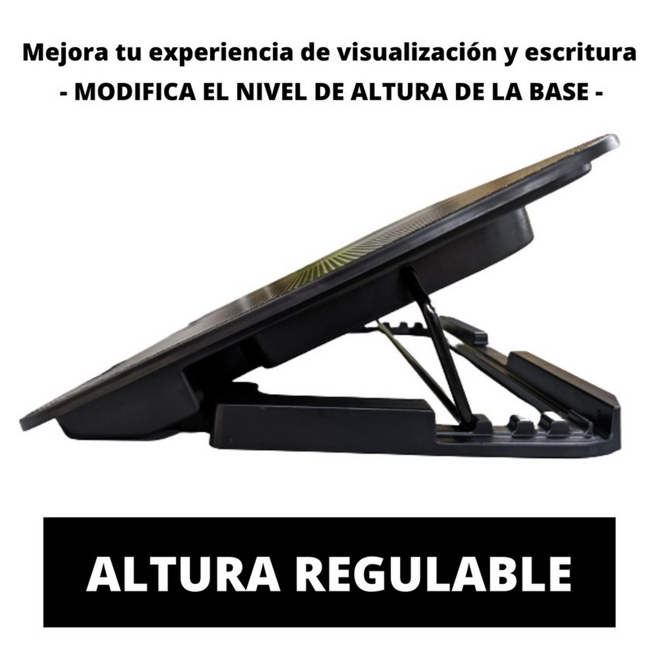 Vista lateral de un soporte negro para portátil con altura ajustable. El soporte sostiene un portátil.