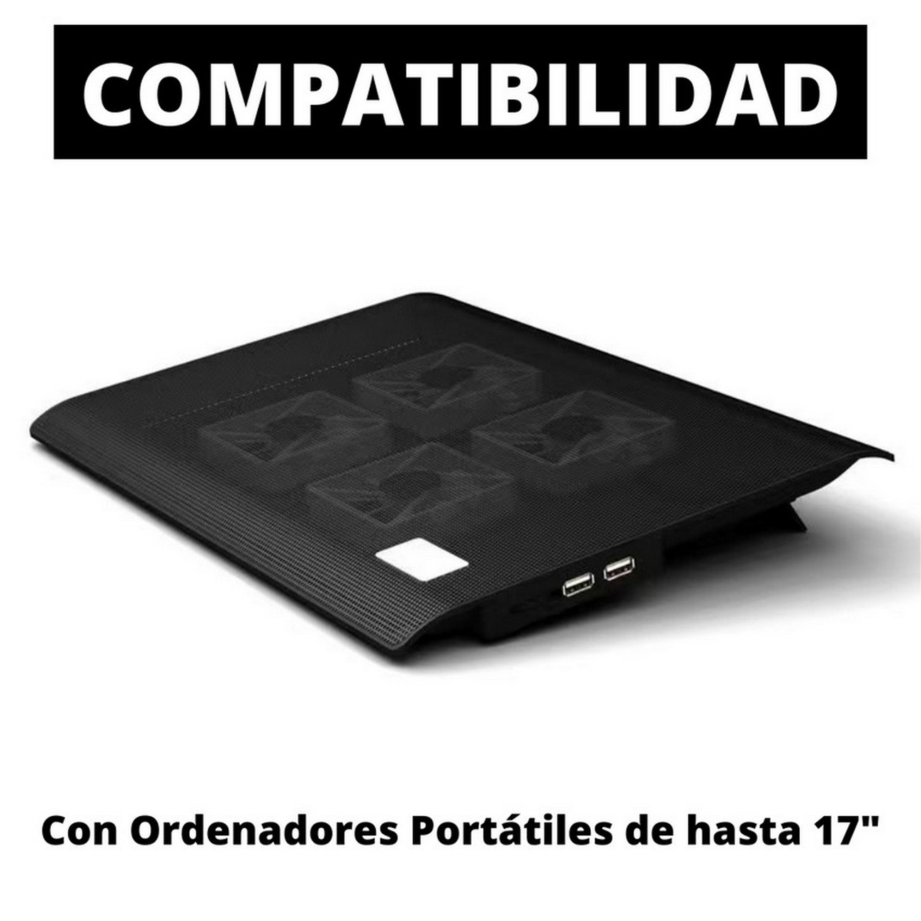 Base de refrigeración para portátil negra con texto 'COMPATIBILIDAD'.