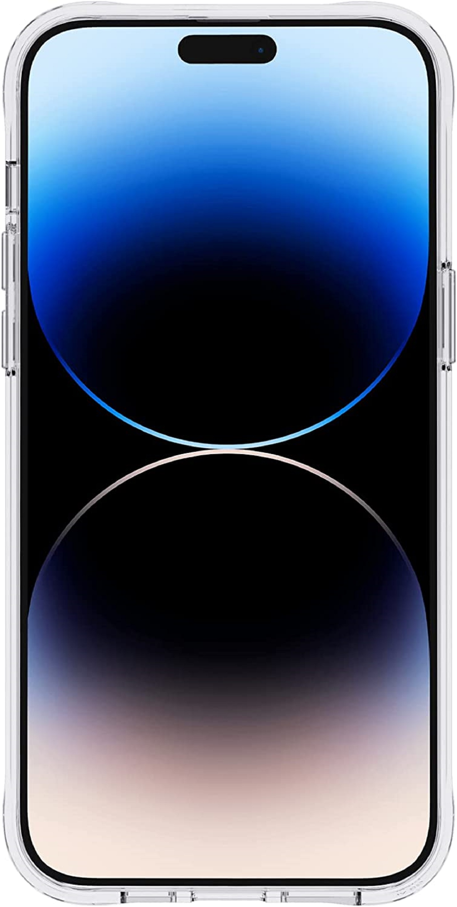 Un smartphone con protector de pantalla aplicado, mostrando un fondo de pantalla degradado, en una funda protectora transparente.