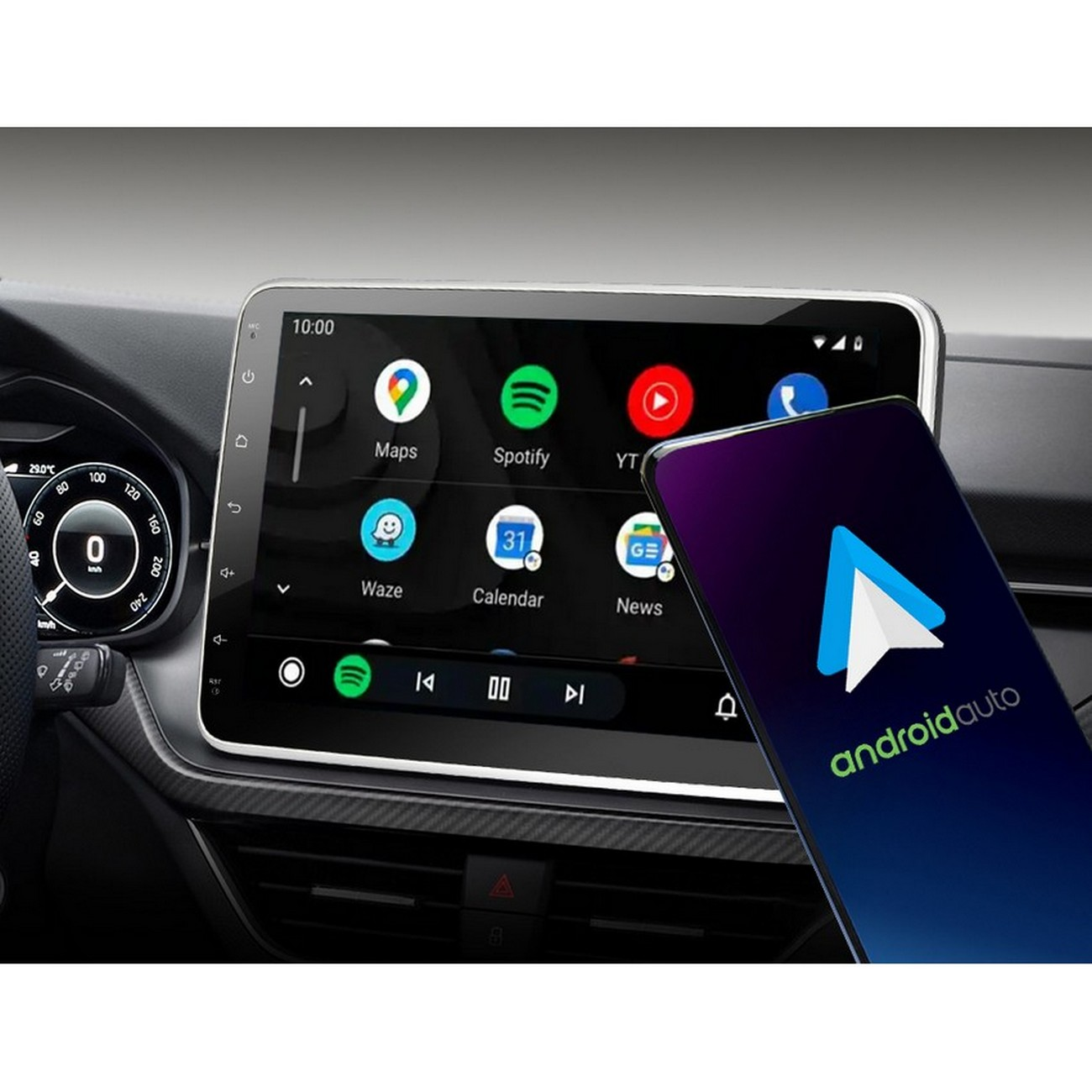 Una pantalla del salpicadero del coche que muestra Android Auto con iconos de aplicaciones y un smartphone conectado.