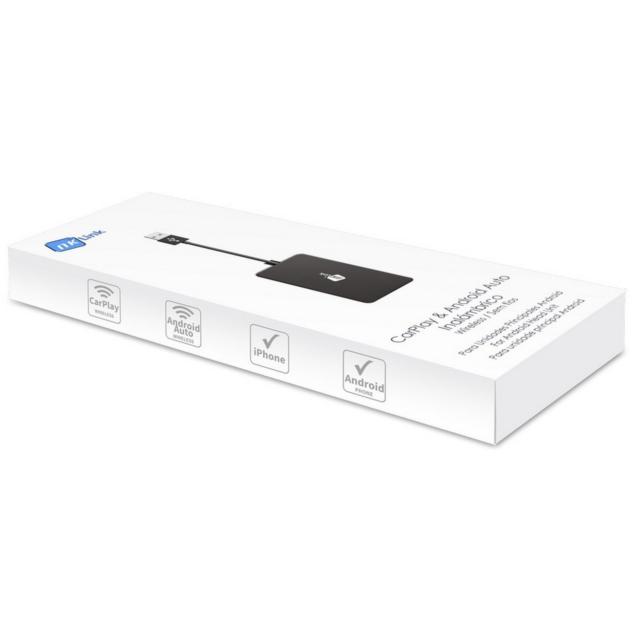 Una caja blanca con texto e iconos. Se ve un dispositivo negro con cable USB.