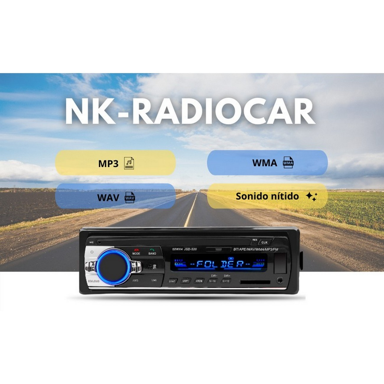 Un autorradio con iconos de formatos multimedia sobre fondo de carretera.