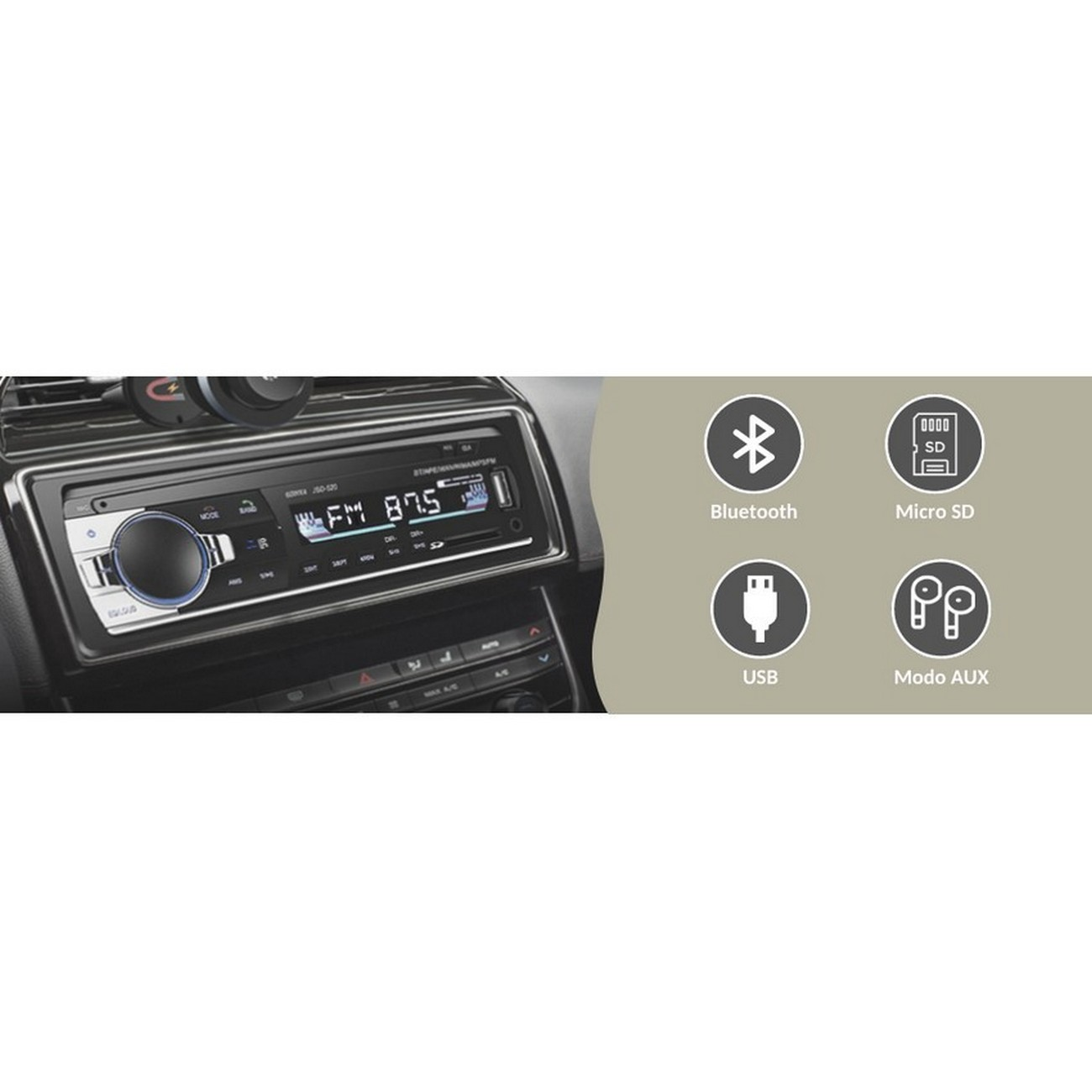 Radio de coche mostrando FM 87.5, con iconos de Bluetooth, Micro SD, USB, AUX.