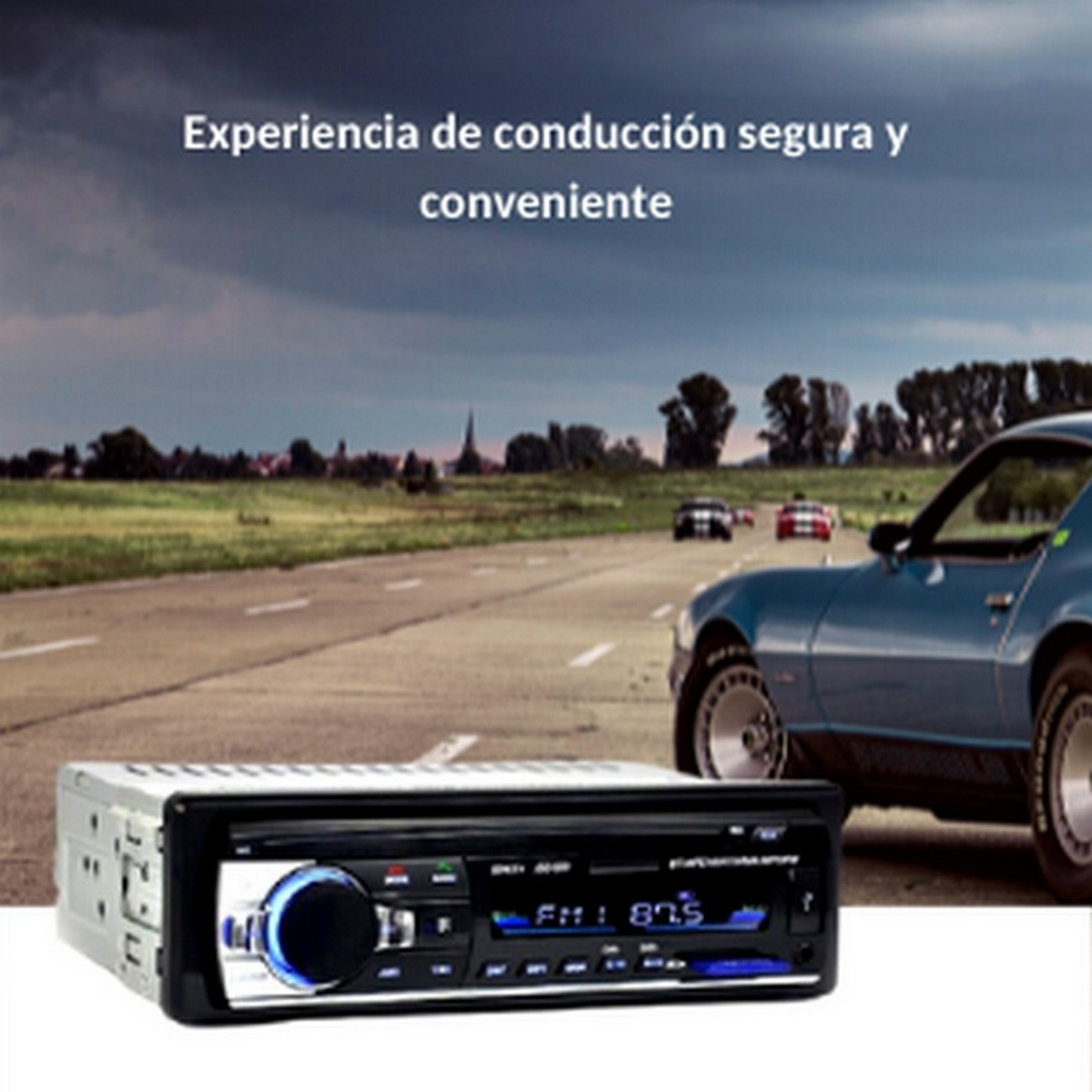 Radio de coche frente a carretera con coches y árboles. Cielo nublado.