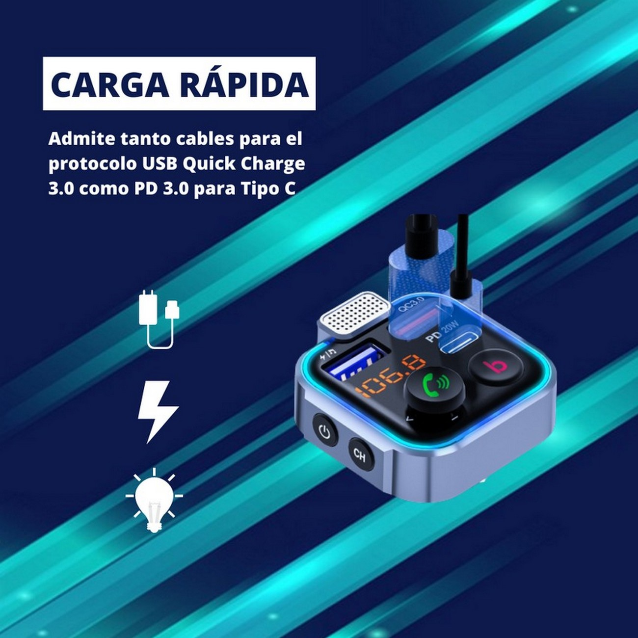 Un dispositivo con luces y texto en español que dice "CARGA RAPIDA", con iconos de carga.
