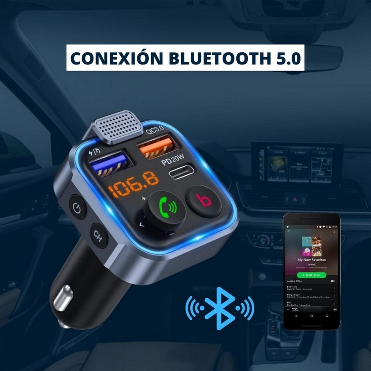 Un cargador de coche con puertos USB y un teléfono mostrando música.