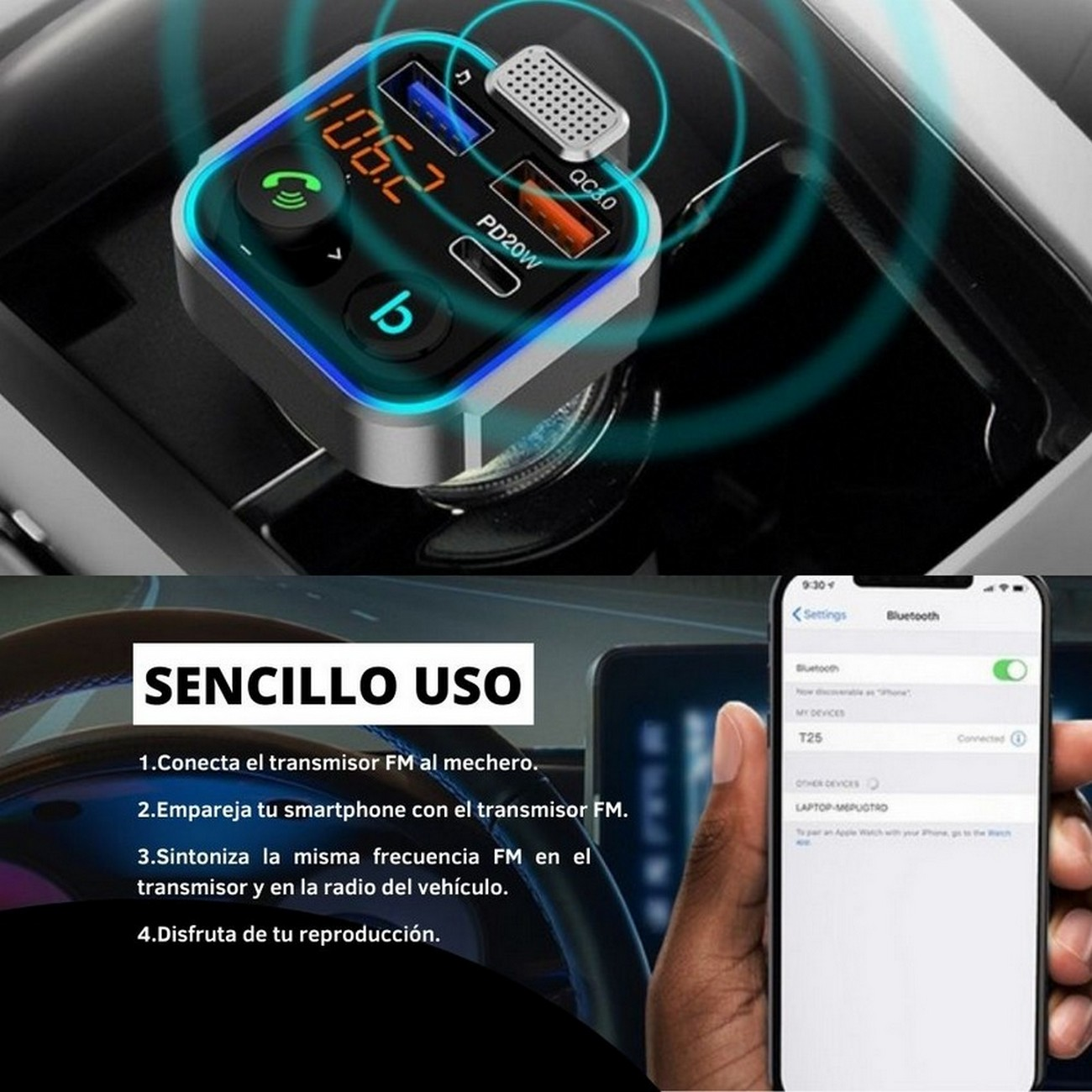 Un transmisor FM para coche, con un teléfono e instrucciones sobre cómo conectarse.