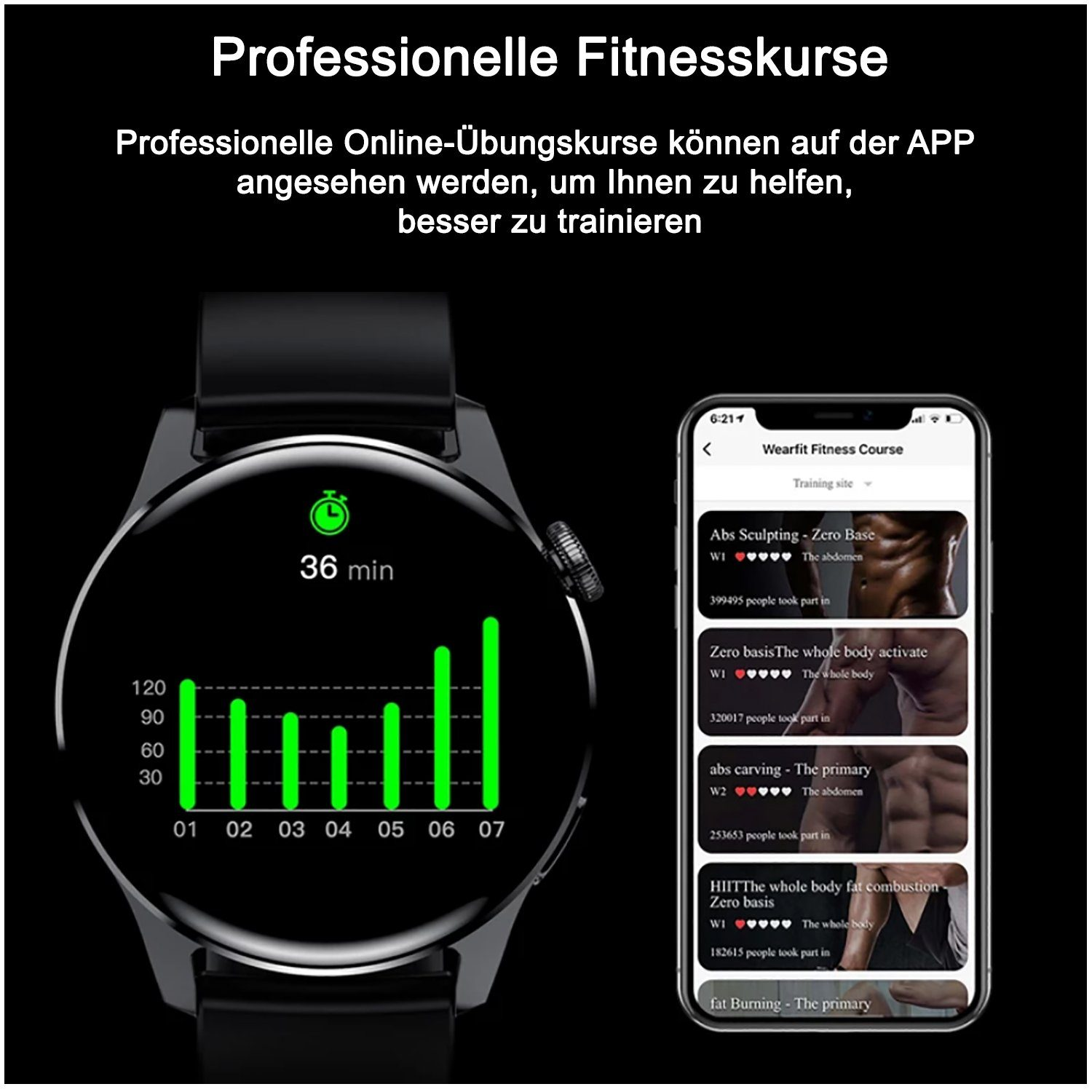 Un reloj inteligente muestra un gráfico de entrenamiento. Un teléfono muestra cursos de fitness. El texto dice 'Professionelle Fitnesskurse'.