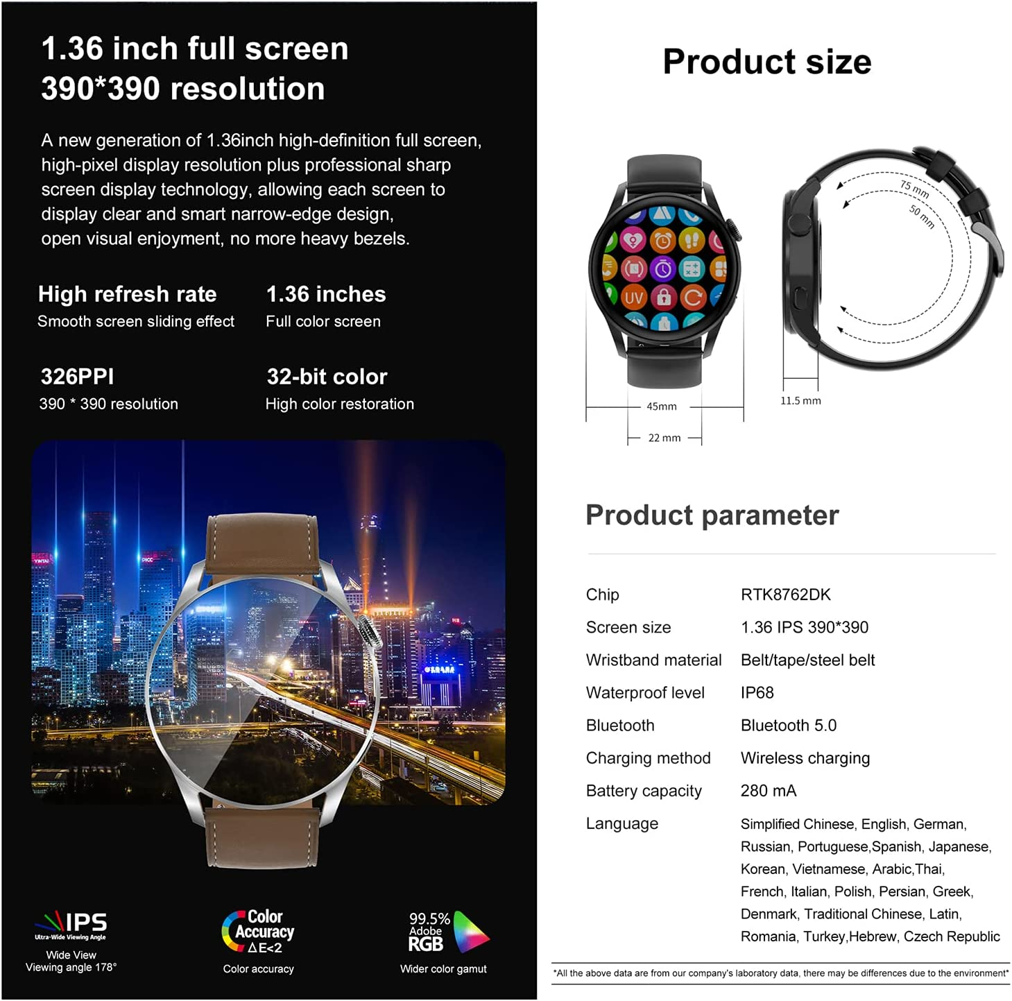 Smartwatch z różnymi ikonami na ekranie. Zegarek jest czarny, pokazujący rozmiar produktu i specyfikacje. Tło jest ciemne.