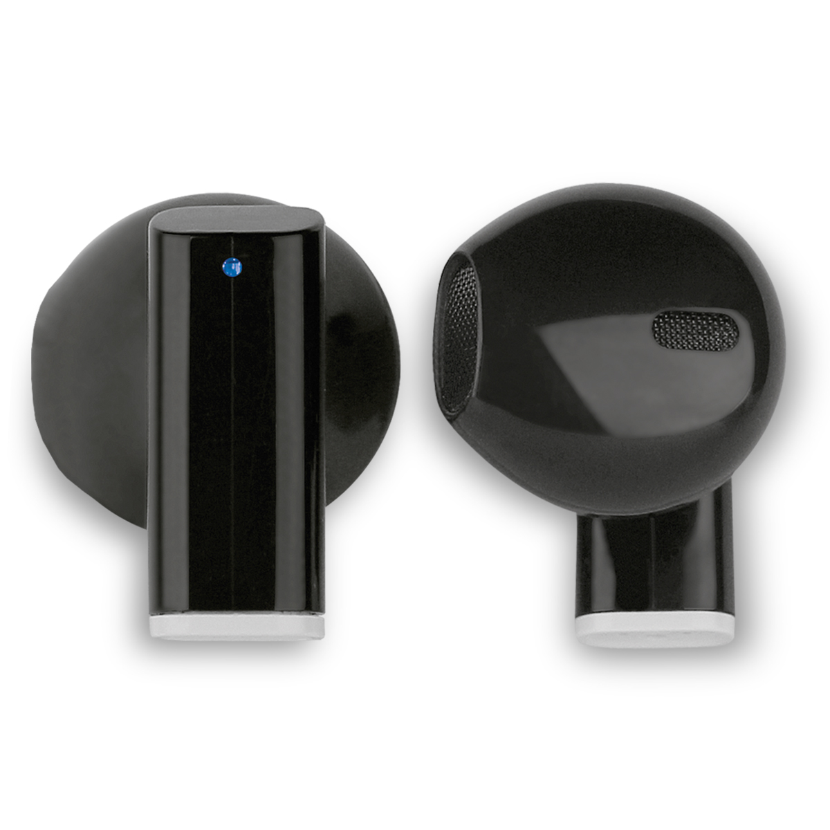 Auricolari wireless neri con luce blu e dettagli bianchi. Isolati su sfondo bianco.