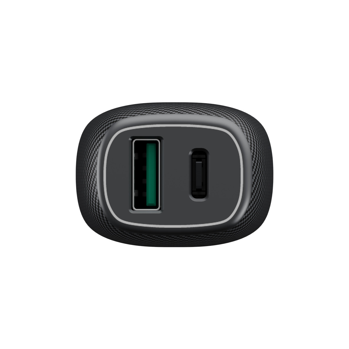 Schwarzes Ladegerät mit zwei Anschlüssen. Ein USB- und ein USB-C-Anschluss.