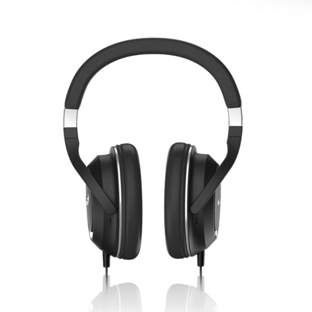 Black headphones with silver accents on a white background.