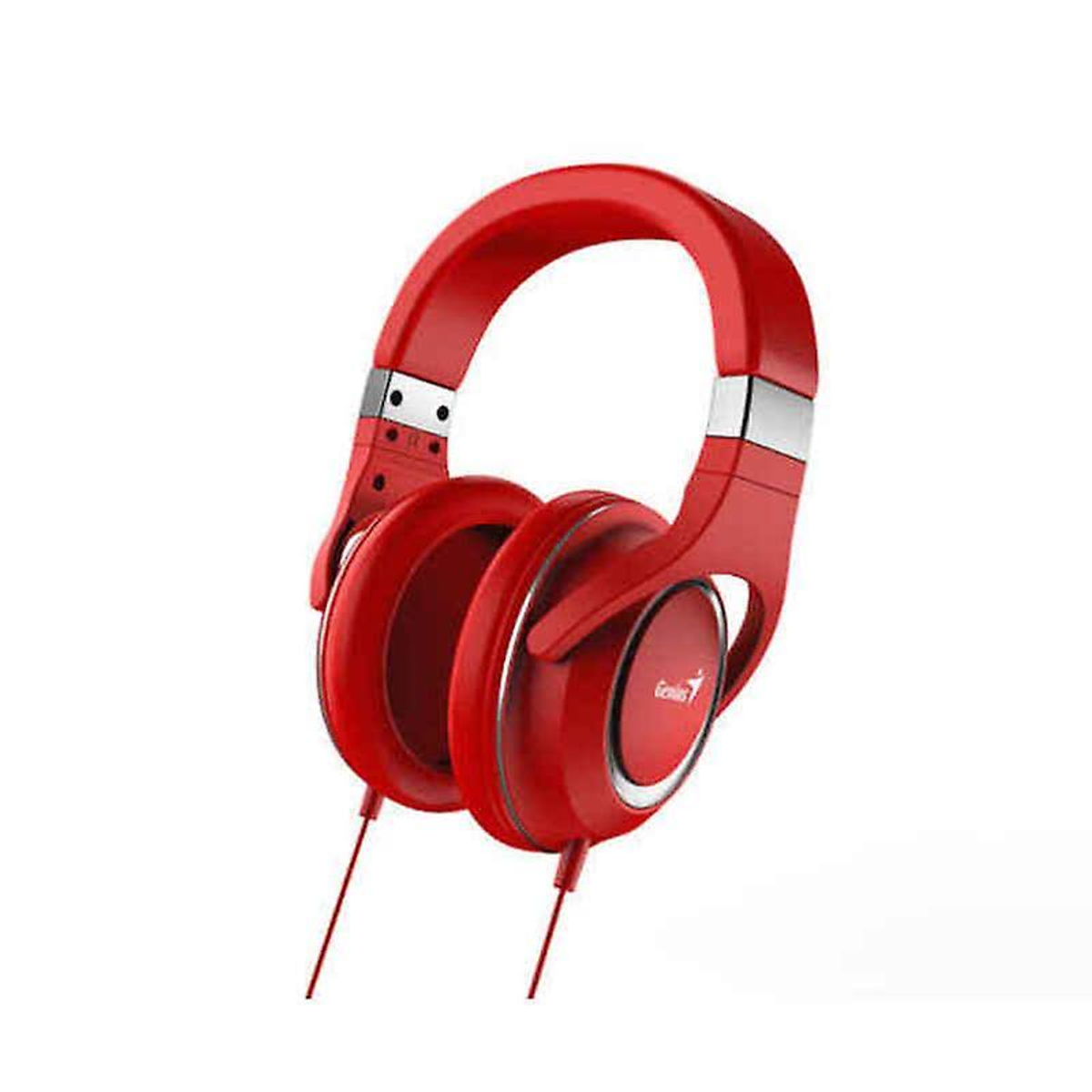 Red Genius headphones with a headband and earcups, red wires, isolated against a white background.