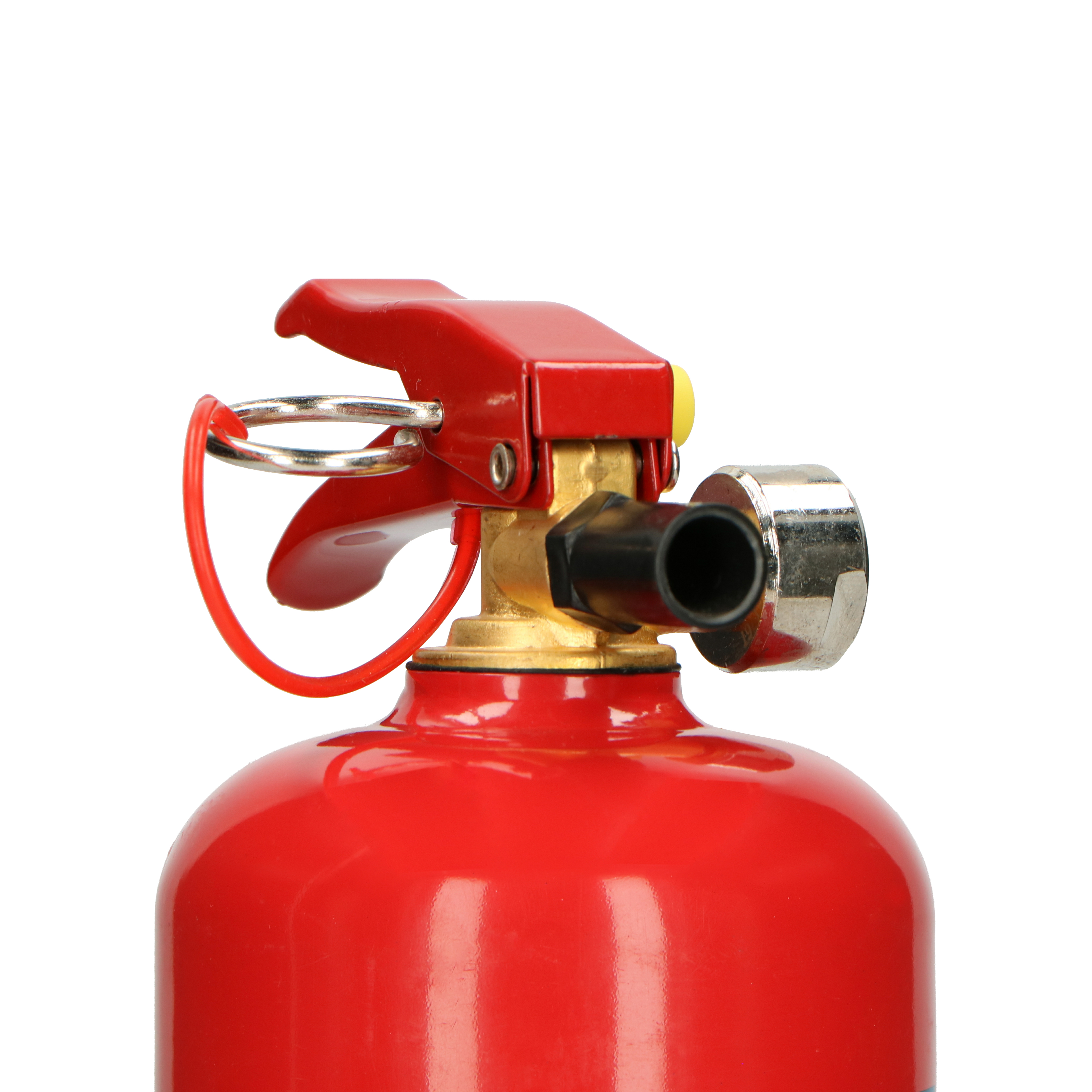 Close-up of a red fire extinguisher head with a handle and pressure gauge.